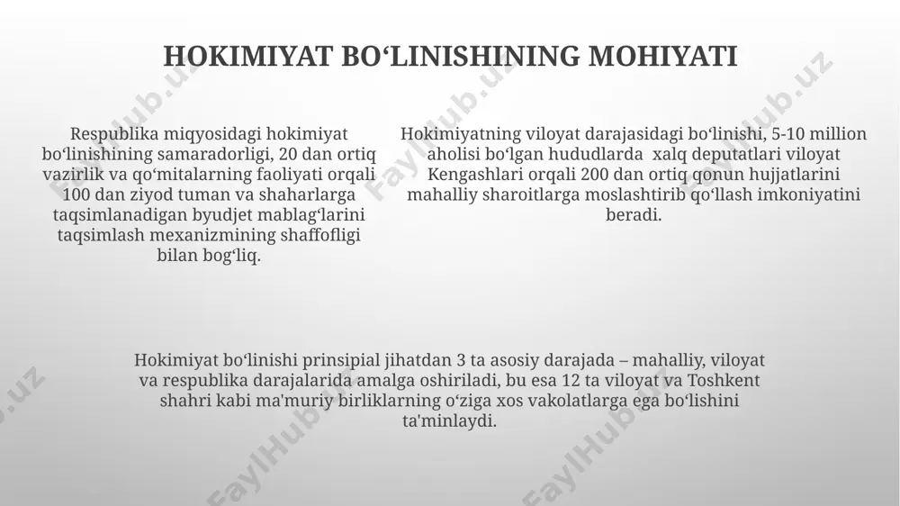 rot almashinuvi zaifligi, 100 dan ortiq xodimlarni jalb qilgan 5 ta katta dasturning muvofiqlashtirilmagan ishlashiga va samaradorlikning 30% ga pasayishiga olib keldi. hokimiyat boʻlinishining zamonaviy talqinlari hokimiyat boʻlinishining zamonaviy talqinlarida, 3 ta asosiy hokimiyat – qonun chiqaruvchi, ijro etuvchi va sud hokimiyatlarining oʻzaro nazorat va muvozanati 21-asr oʻzbekistonida ham muhim ahamiyatga ega. hokimiyat boʻlinishining zamonaviy talqinlari, 70 dan ortiq mamlakat konstitutsiyalarida aks ettirilgan boʻlib, ularning har birida demokratik qadriyatlar va inson huquqlarini himoya qilishga alohida e’tibor beriladi. markaziy osiyo davlatlari orasida, hokimiyat boʻlinishining samarali amal qilishiga erishish uchun, qozogʻiston va qirgʻiziston kabi davlatlar 5 yildan ortiq vaqt davomida turli islohotlarni amalga oshirishdi. qonunchilik hokimiyati o‘zbekiston respublikasi qonunchilik palatasi va senati 150 dan ortiq deputat va senatorlardan iborat bo‘lib, ular mamlakatning turli hududlarini va ijtimoiy guruhlarini ifodalaydi. qonunchilik hokimiyati vakolatlariga respublika byudjetini tasdiqlash, soliqlarni belgilash, toshkent shahrida joylashgan oliy sudning faoliyatini nazorat qilish kabi muhim vazifalar kiradi. qonunchilik hokimiyati vakolatlariga respublika …