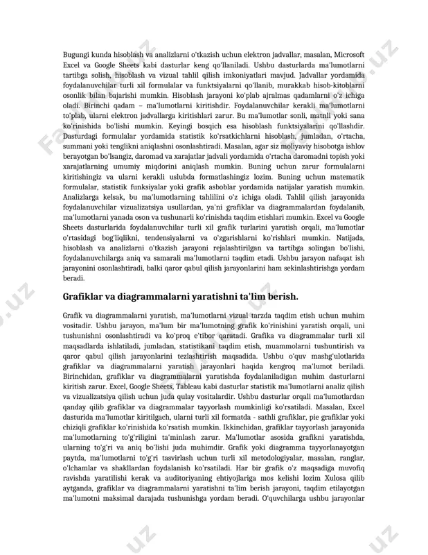 uddatli rejalarni boshqarish uchun muhim qurollardir. ushbu dasturlar yordamida ma'lumotlar tezda kiritilishi, analiz qilinishi va natijalar yakunlash uchun namoyish etilishi mumkin. qisqa muddatli rejalarni tuzishda, dasturlar yordamida maqsadlar tezlilik bilan o'zgarishi va natijalar darhol ko'rinishini olish mumkin. uzoq muddatli rejalar uchun esa, trendlardan kelib chiqib, oldingi tahlillar asosida kelajakni rejalashtirish imkoniyatlari mavjud. umuman olganda, qisqa muddatli va uzoq muddatli rejalarni samarali boshqarish tashkilotning muvaffaqiyatini ta'minlashda asosiy omillardandir. ushbu rejalashtirish jarayonlari tashkilotlarning kirish imkoniyatlarini kengaytirish va barqaror rivojlanish uchun zarurdir. ma'lumotlarni kiritish va formatlashni o'rgatish. ma'lumotlarni kiritish va formatlash, elektron jadval dasturlarida asosiy jarayonlardan biridir. bu jarayonlar orqali foydalanuvchilar ma'lumotlarni samarali va tartibli ravishda kiritishlari va ularni kerakli formatda ko'rsatishlari mumkin. avvalambor, ma'lumotlarni to'g'ri kiritish juda muhimdir, chunki xato ma'lumotlar statistik analiz va hisobotlarda katta muammolarga olib kelishi mumkin. ma'lumotlarni kiritishda turli xil usullar mavjud. masalan, foydalanuvchilar ma'lumotlarni qo'lda kiritishlari yoki tashqi fayllardan import qilishlari mumkin. qo'lda kiritish jarayonida, har bir …