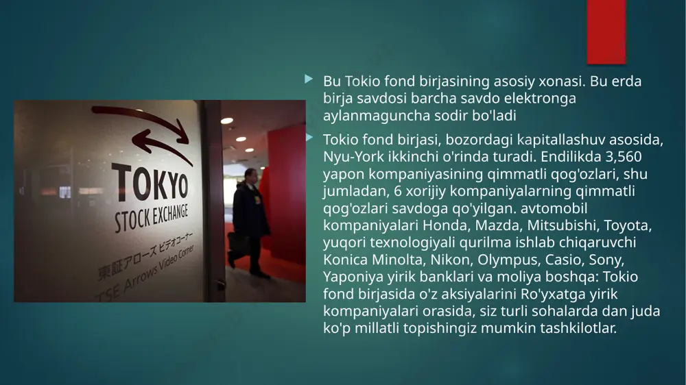 odchi hisoblash jalb qilingan shar'iy indeksi (sheriyat riboni harom). yaponiyadagi birja listingining listingi oshkora. bu so'nggi yillar davomida moliyaviy hisobotlarni talab qiladi, o'tgan yil mobaynida auditorlik, ipo vaqtda aktsiyalar muayyan qiymati va aniq daromad ishtiroki va hamkorlik imzolagan mavjudligi. ular institutsional investor, kuchli bozor mexanizmi yoki investitsiya banki bo'lishi mumkin. talablar jadvali http://www.jpx.co.jp/english/equities/listing-on-tse/new/basic/01.html joylashgan. tokio fond birjasi, bo'limlari orasidagi "atrofida kick" kompaniyaning moliyaviy natijalari qarab jasdaq kirib yoki onalar cho'kib. birjada ishtirok etish juda qimmat: .. "kirishi chipta" - 400 ming lardagi (.. 3,4 ming aqsh dollari) jasdaq kuni - 100 ming lardagi, shuningdek, muntazam to'lovi, kimoshdi savdolari aksiyalar soni bo'yicha haq, elektron tizimlarida foydalanish, o'rnatish ularning savdo-sotiq serverlari va narsalari. bir necha savdo tizimlari mavjud. bu (2010 yilda ishga tushirilgan) onlayn arrowhead, off-line tostnet tizimi (tokio fond birjasi savdo tarmoqlari tizimi) va hosila j-darvozasi. arizadan birinchi bitim bir yil yoki undan ko'p vaqt olishi mumkin: dunyoda eng qattiq qoidalarga …