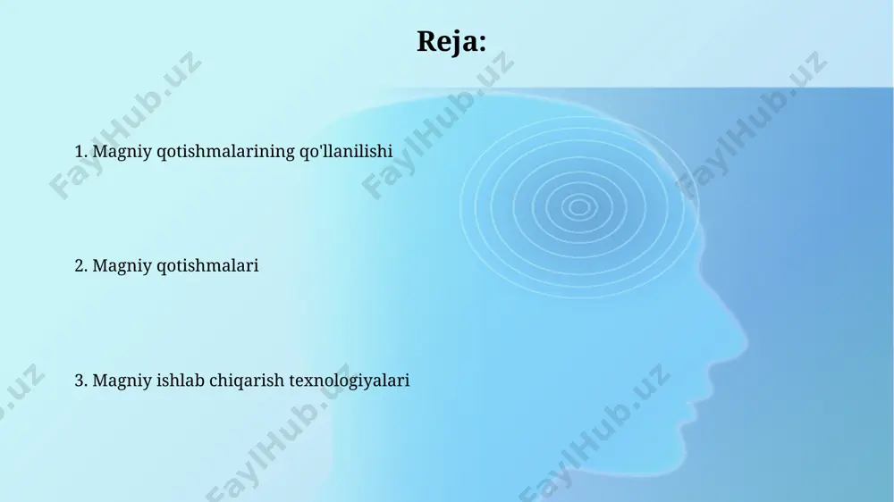 alashtirishlar qo'llaniladi. magniy qotishmalarining mexanik xossalari, shu jumladan, tortish kuchlanishi, bo'linish chegarasi va nisbiy cho'zilishi kabi parametrlarni aniqlash uchun standart sinov usullari, masalan, astm b57-18, qo'llaniladi. magniy ishlab chiqarish texnologiyalari umumiy ko'rinishi magniyning erkin energiyasi yuqori bo'lgani sababli, uni metallurgiyada qo'shimcha modda sifatida ishlatishda 1-5% miqdorida qotishmalar tarkibiga qo'shiladi, bu ularning mexanik xossalarini yaxshilaydi. magniy ishlab chiqarishda pidgeon jarayoni yordamida 700-900°c haroratda dolomit va kremniy qotishmasidan foydalaniladi, bu usul nisbatan yuqori tozalikdagi magniy olish imkonini beradi. magniy qotishmalarining quyish texnologiyasi magniy qotishmalarini quyishda, 700-750°c harorat oralig'ida suyuqlanish jarayoni optimal hisoblanadi, bu esa yaxshi quyma sifatiga va mexanik xossalarning yuqori bo'lishiga yordam beradi. magniy qotishmalaridan tayyorlangan murakkab geometriyali detallarni olish uchun, past bosimli quyish texnologiyasi samarali hisoblanadi, bu esa gazli teshiklar sonini 2-3 baravar kamaytiradi. magniyni tozalash usullari elektroliz jarayoni orqali magniyni tozalashda 70-90% gacha bo‘lgan tozalikka erishiladi, bu jarayon magniy xlorid eritmasidan o‘tkaziladi va potensiallar farqi orqali toza magniy ajratib …