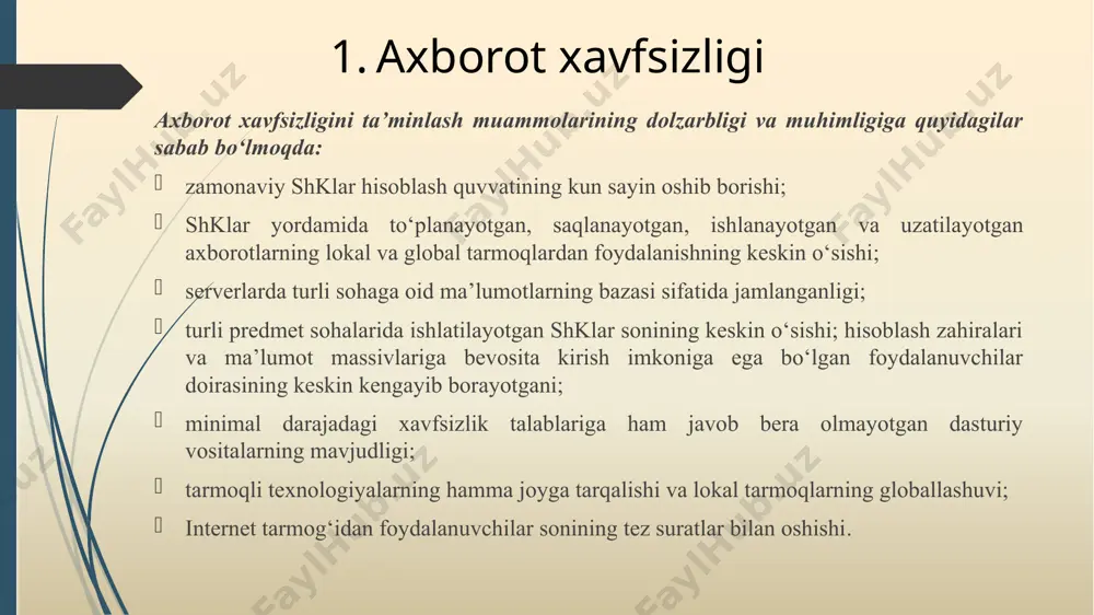 asturi boshqa dasturlarga ko'rinmaydi. bunday virus ko'rinmas-virus yoki stels-virus deyiladi (stealth - ko'rinmas). stealth-viruslar doim operativ xotirada rezident bo'lib saqlanadilar. virusning rezident moduli operatsion tizim ma'lum faylga yoki disk sektoriga murojaat qilganida ularga o'zining kodini tiqishtirishga ulguradi. “ruh” viruslar virus kodini shifrlash esa quyidagicha amalga oshiriladi : har gal virus yangi faylga joriy etilganida, u o'zining kodini ma'lum algoritm bo'yicha yangi kalit tanlab shifrlaydi. shifrlash kaliti joriy etiladigan faylga bog'liq (masalan, uning nomi yoki uzunligi). natijada bir virusning ikki xil ko'rinishi bir-biridan tamomila farq qilib, turli fayllarga joriy etilishi mumkin. bu esa antivirus dasturlarning signatura orqali viruslarni aniqlashini chigallashtiradi. chunki har bir faylda turlicha signatura shifrlangan holda joriy etilgan! shifrlanadigan viruslarni ba'zida “ruh” viruslar deb atashadi. polimorf va mte-viruslar shifrlanadigan viruslar o'z signaturalarini yashiradilar. lekin yashiringan signatura shifrlangan bo'lsa-da, virus faollashishida shifrlangan signaturani o'z holiga qaytarib deshifrlash kerak bo'ladi. demak, deshifratorlovchiga ehtiyoj seziladi. deshifratorlovchi o'zida signaturani o'z holiga qaytaruvchi maxsus …