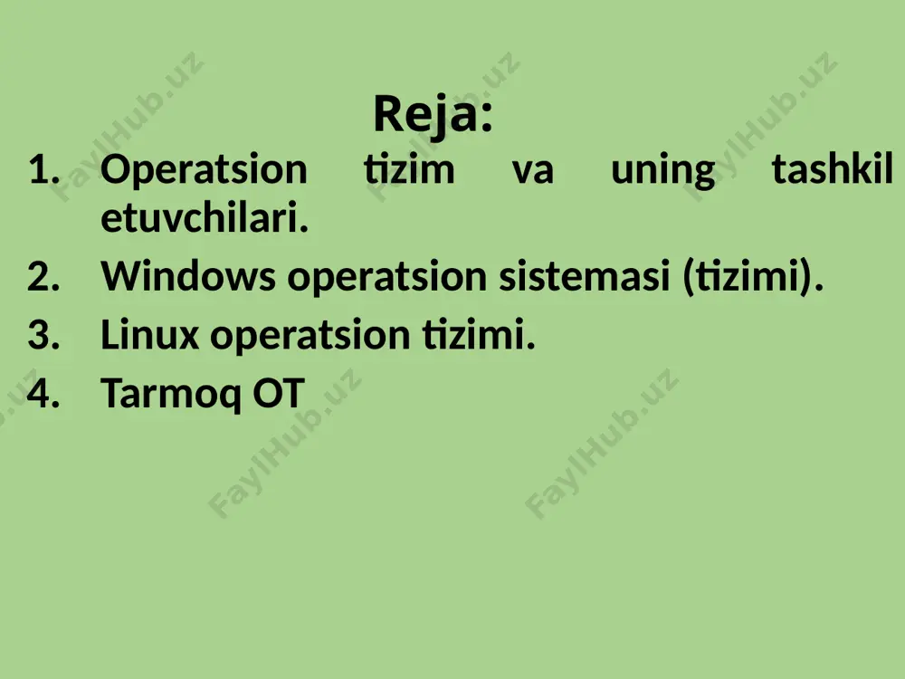 vallar fayli; *.exe – bajariladigan fayl; (har bir dasturning ishga tushuruvchi fayli bo‘ladi. winword.exe – microsoft word dasturini ishga tushuruvchi fayli. *.ppt – microsoft power point dasturi fayli; *.com, *.bat – buyruq fayllari; *.sys – sistemali fayl; *.ini – barcha parametrlarini saqlab beruvchi fayl; *.c – c++ tilidagi dastur. *.jpg, *.gif, *.wmf, *.bmp, *.png – rasm faylari; *.wav, *.mp3, *.mid – ovoz fayllari; *.avi, *.mpg – video fayllari; windows – operatsion sistemasi. windows – so‘zi inglizcha so‘z bo‘lib, o‘zbek tilida oyna degan ma’noni bildiradi. bundan ko‘rinib turibdiki windows operatsion tizimi oynalar bilan ishlashga asoslangan, muloqot rejimida ishlovchi operatsion sistemadir. windows operatsion sistemasining bir qancha versiyalari yaratilgan. masalan: windows 3.11, windows 95, windows 98, windows me, windows 2000, windows xp, windows 2003, windows 7, windows 8, windows 10 va boshqalar. windows tarixi 1986 yilda tizimning birinchi versiyasi paydo bo'lgan paytdan boshlanadi. windows integratsiyalashgan dastur hisoblanadi. ushbu ot o'z nazorati ostida bajariladigan …