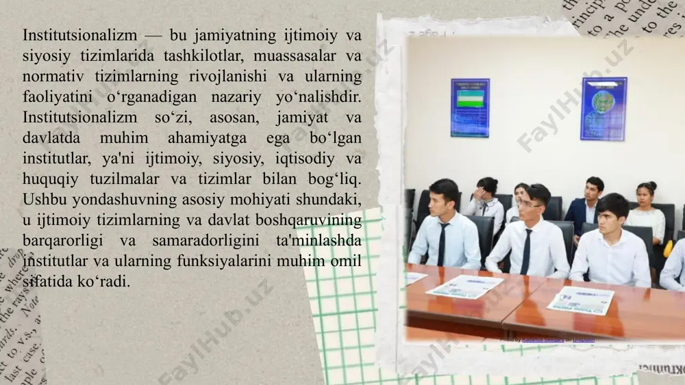 nalizim va islohotlar institutsionalizimning ahamiyati islohotlar jarayonida ham aniq namoyon bo‘ladi. jamiyatda amalga oshirilayotgan ijtimoiy va siyosiy islohotlar, ayniqsa, davlat boshqaruvi va iqtisodiy tizimlarni modernizatsiya qilishda institutlarning o‘rni beqiyosdir. harakatlar strategiyasidagi islohotlar, masalan, jamiyatni demokratiklashtirish, huquqiy tizimni takomillashtirish, bozor iqtisodiyotini rivojlantirish kabi chora-tadbirlar institutlar va tizimlarning samarali faoliyatini talab qiladi. 4. institutsionalizimning xususiyatlari institutsionalizimning xususiyatlari quyidagilarni o‘z ichiga oladi: muassasalar o‘rtasidagi o‘zaro aloqalar: muassasalar o‘rtasidagi samarali aloqalar, siyosiy va iqtisodiy tizimlarning o‘zaro bog‘liqligini ta'minlaydi. institutsionalizimda tizimlar o‘rtasidagi o‘zaro aloqalar va uyg‘unlikka katta e'tibor beriladi. zamonaviy texnologiyalar va innovatsiyalar: institutsionalizim zamonaviy texnologiyalar va innovatsiyalarni o‘z ichiga oladi. yangi texnologiyalar, ilm-fan yutuqlari va innovatsiyalar davlat va iqtisodiy tizimlarning samaradorligini oshirishga yordam beradi.korrupsiyaga qarshi kurashish: korrupsiyani bartaraf etish va samarali boshqaruv tizimlarini yaratish uchun islohotlar institutlar va normativ tizimlar orqali amalga oshiriladi. bu jarayonlarni amalga oshirishda institutlar samaradorligini oshirish va jamoat ishonchini tiklash zarur.institutsionalizim yo‘nalishi jamiyat va davlatni rivojlantirishda asosiy o‘rin tutadi. institutlar, …