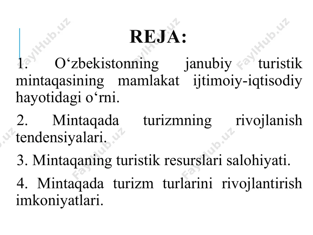 matligini tiklashda ahamiyati katta. yana rayondagi alohida muhofaza qilinadigan hududlar hisoblangan kitob geologik qo’riqxognasi, hisor, surxondaryo, payg’ambarorol davlat qo’riqxonalarida ekologik turizmni rivojlantirish imkoniyatlari mavjud. shuningdek, bu mintaqada yashayotganxalqning o’zoq o’tmish an’analari, san’ati, madaniyati va urf-odatlari mahalliy hamda xorij turistlarini qiziqtira oladi. 2. mintaqada turizmning rivojlanish tendensiyalari qashqadaryo rayoni o’zbekistonning janubiy qismida joy­lashgan bo’lib, u cho’l, dasht, tog’oldi va tog’li xududlardan iborat. bu rayonda yoz va bahor oylarida cho’l va dashtlarda, yilning barcha fasllarida esa tog’ oldi va tog’li hududlariga ekoturlar uyushtirish mumkin. qashqadaryo rayonida 1979 yilda tashkil etilgan, 3938 ga maydonga ega bo’lgan, mdh davlatlari ichida yagona - "kitob davlat geologiya qo’riqxonasi", 1992 yilda tashkil etilgan "muborak buyurtmaxonasi", 1992 yilda tashkil etilgan "sechenko’l buyurtmaxonasi" mavjud. qashqadaryo rayonida ekoturizmni tarixiy, diniy turizm bilan birgalikda olib borish uchun bir qancha arxitektura yodgorliklari va diniy qadamjoylar mavjud. hisor rayonida 1983 yilda tashkil toptan o’zbekiston respublikasi qishloq va suv vazirligiga qarashli, absolyut balandli­gi 1150-4349 …