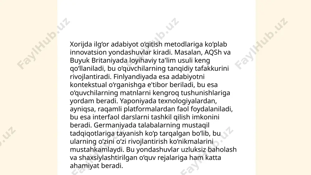 misol uchun, uilyam shekspir va fedor dostoyevskiy. qiyosiy tahlilda badiiy uslub, mavzu va qahramonlarning rivojlanishi, hamda adabiy janrlar tahlil qilinadi, bu esa madaniyatlararo o'zaro ta'sir va badiiy innovatsiyalarni ochib beradi. ... t.me/slaydai_bot adabiyot o'qitishda interaktiv metodlar zamonaviy ta'lim jarayonini yangilashga yordam beradi. ushbu metodlar qatoriga diskussiya, guruhli ish, rol o'ynash va onlayn forumlar kiradi. interaktiv metodlar o'quvchilarni darsga faol jalb qilishga, ularga kritik fikrlash va muloqot qobiliyatlarini rivojlantirishga yordam beradi. masalan, diskussiya o'quvchilar orasida 80% ishtirokchilikni ta'minlashi mumkin, guruhli ishlar esa 70% ko'proq materialni yodda saqlashga yordam beradi. bu metodlar o'qituvchilarga darsni qiziqarliroq va samaraliroq qilishga imkon beradi, natijada o'quvchilarning savodxonligi va bilim olishi yaxshilanadi. ... t.me/slaydai_bot o'zbekistonda ta'limda texnologiyalardan foydalanish so'nggi yillarda faollashib, ayniqsa pandemiya davrida onlayn platformalar orqali ta'lim berish kengaydi. elektron darsliklar va raqamli resurslar joriy etilgan. yaponiyada esa "gakko ict" dasturi doirasida har bir o'quvchiga tabletalar taqdim etiladi va sinflarda raqamli doskalar mavjud. yaponiyada 2020-yilda ta'lim …