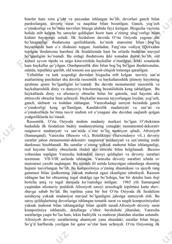 larni uchratish mumkin. masalan ermitajda saqlanayotgan (rasm)«ko’rgonni kamal qilish» tasviri tushirilgan kumish laganda qo’rg’on qo’rinishi aks etirilgan.keshk me’morligi keyingi monumental memorligi, saroy qurilishi madaniyati va san’atiga katta ta’sir o’tkazildi. m. friz, devorlarni gofrlash, tom tepasiga polmetka-dekorativ shakllar berishni, ularning ichki xona va dalonlari serbezak bo’lib naqsh va mavzuli rasmlar, dumaloq haykal va releflar bilan bezatilishi keyingi me’morlikda o’z ifodasini topdi. bu davrda xorazmdagi burgut qala, tuproq qalalar ham yanada serhashamlikka xirs qo’ydi burgut qaladagi otashparaslarning ibodatxonalari, tuproq qaladagi ibodatxonalar xorazm shohlarining rasmlari bilan boyidi.bu erdagi bozor maydoni va shahar ibodatxonasi davr ruhi bilan boyidi. turk xoqonligi davri me’morligi haqida gapirilganda shuni aytish mumkinki, bu xoqonlik markaziy osiyoga rivojlangan yoki rivojlanishning yangi bosqichiga ko’tarila boshlagan davrda kirib keldi.. xoqonlik davri madaniyati va san’ati, jumladan uning me’morligi eftalitlar davri an’analarini rivojlanishi bilan bog’liq bo’ldi. xoqonlik davrida feodal ko’shk va saroylari, zodagonlarning shahar va shahardan tashqaridagi uylari o’zining rivojlanishini avvalgi davr an’analarining o’zluksiz …