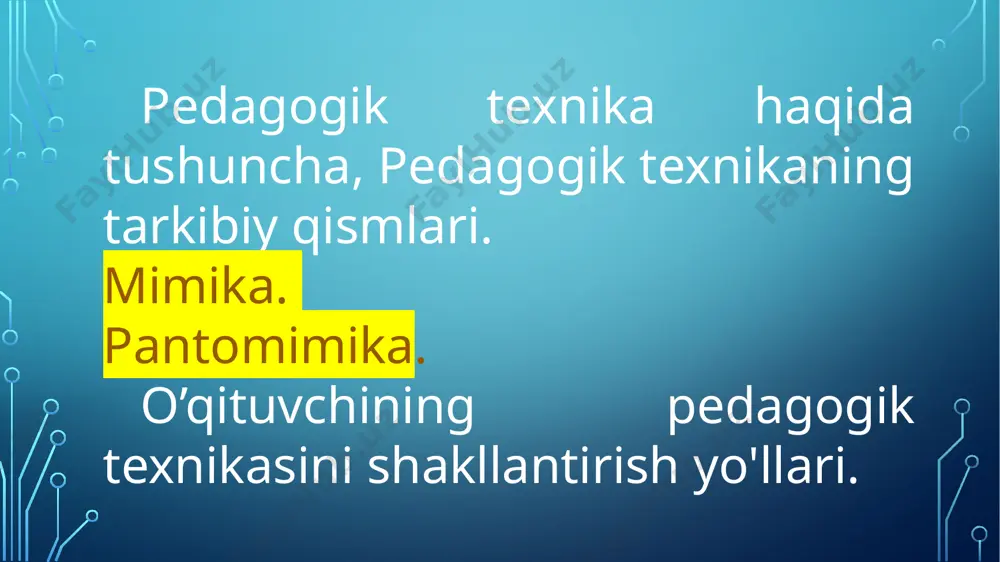 a mosligi, fikrlarini aniq va to'liq bayon qilib qo'lini, boshini turli harakatlarda ifodalash o'qituvchining o'z bilimiga, kuchiga ishonchini bildiradi. shuning uchun o'qituvchining o'quvchilar oldida o'zini tuta bi­lish holatini tarbiyalashi lozim. (oyoqlari 12-15 sm. kenglikda, bir oyoq sal oldinga surilgan holda turish). o'qituvchining yurishi, qo’l va oyoq orqali imo-ishoralari ortiqcha harakatlardan holi bo'lishi kerak. masalan: auditoriyada orqaga oldinga tez-tez yurish, qo’llari bilan turli imo-ishoralar qilish, boshini har tomonga tashlash va hokazo. bunday holatlar dars davomida o'quvchilarning e'tiborini bo’lib, g'ashini keltiradi va o'rganilayotgan fanga, o'qituvchiga nisbatan hunnatsizlik kayfiyatini uyg'otadi. nutq haqida tushuncha. nutqning o'qituvchi faolivatidagi o‘rni. nutq madaniyati haqida tushuncha va uning asosiy elementlari. nutq texnikasi. nafas olish, tovush, diksiya, ritorinika-leksik madaniyat. о‘qituv chining nutq malakasini shakllantirish yo‘llari. sharqоna mulоqоtga kirishda mimika va pantоmimikalarning ahamiyati hamda o`ziga хоsligi. o`qituvchi faоliyatida sharqоna mulоqоtning tutgan o`rni o'qituvchining chehrasidagi ifoda, nutqi, o'quvchilar bilan o'zaro munosabati uning individual xarakteriga mos bo'lishi kerak. o'qituvchi chehra ko'rinishidagi mimik …