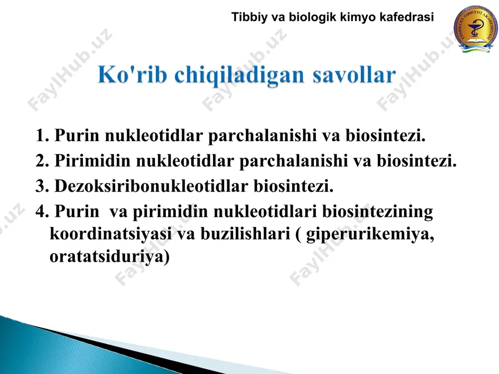 spesifik ta'sir ko'rsatadilar, shuning uchun fag va viruslar dnkdagi nukleotid qoldiqlarini ketma-ketligini aniqlashda ulardan foydalanilanadi. bundan tashqari, restriktazalarni bu xususiyati gen injeneriyasida dnk ma'lum fragmentlari – «kesish» va ularni bakterial dnk genomiga «kirgizishi»da qo’llaniladi. tibbiy va biologik kimyo kafedrasi to'qimalarda nukleotidlarning parchalanishi natijasida erkin purin asoslari– adenin va guanin hosil bo'lib turadi. adeninfosforiboziltransferaza va gipoksantin–guanin– fosforiboziltransferaza fermentlari ishtirokida ulardan nukleotidlar qayta sintezlanishida foydalaniladi: adenin + fosforibozildifosfat → amf + h4p2o7 guanin + fosforibozildifosfat → gmf + h4p2o7 gipoksantin-guaninfosforiboziltransferaza substrat tariqasida gipoksantindan foydalanishi mumkin: gipoksantin + fosforibozildifosfat→ imf + h4p2o7 azotli asoslarning metabolizmga qayta qo'shilishi yo'liga «qutqarish yo'li» deb ataladi. bu fermentlar oxirgi maxsulot bilan ingibirlanadi. ksantinoksidaza — aerob oksidoreduktaza, prostetik guruhi molibden va temir ioni (fe3+) va fad tutadi. bu reaksiyada vodorod peroksid hosil bo’ladi. ko’p miqdorda jigar va ichakda bo’ladi. siydik kislota asosan jigarda hosil bo'ladi, primatlar va odamda purinli nukleotidlar katabolizmining asosiy mahsulotidir. boshqa sut emizuvchilarda urikaza fermenti …