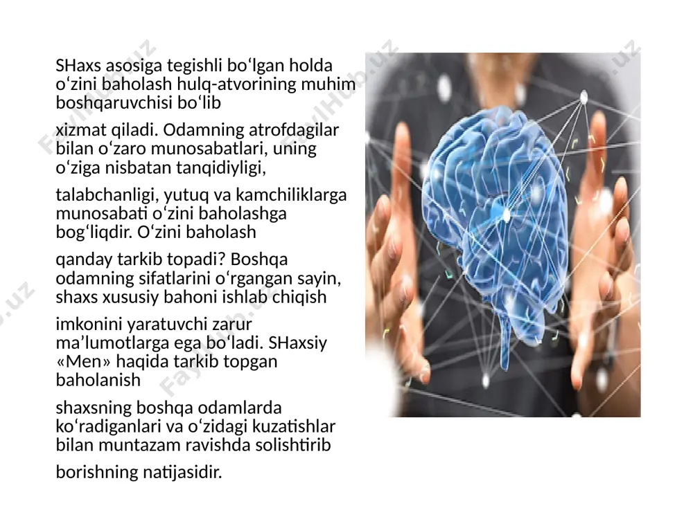 muhit yoki sharoitga, yangilikka moslashuvni anglatadi. inson hayotidagi adaptatsiyaning samarali kechishi ko‘p jihatdan uning ruhiy, ma’naviy holatiga bog‘liq. ilm-fanda adaptatsiyaning quyidagi turlari mavjud: sensor adaptatsiya (lotincha sensus – his-tuyg‘u, sezgi) – organizmning turli xil subyektiv o‘zgarishlarga moslashuvi; ijtimoiy adaptatsiya (lotincha adapto – moslashaman va socialis – ijtimoiy) – insonning ijtimoiy muhit sharoitlariga uzluksiz tarzda faol moslashuvi, ayni paytda uning ushbu jarayon natijasi sifatida kamolga yetishi. ijtimoiy adaptatsiyaning muhim jihati odamning ijtimoiy talab va tartiblarni qabul qilishini anglatishdir. gʻarbda ijtimoiy adaptatsiya muammosi ilm-fanning neobixeviorizm va psixoanaliz yo‘nalishlari asosida o‘rganiladi. 7. o'z-o'zini motivatsiya qilish o'z-o'zini boshqarish jarayonida shaxs o'zini motivatsiya qilish qobiliyatiga ega bo'lishi zarur. bu, o'z maqsadlariga erishish uchun zarur bo'lgan ichki qobiliyatlarni rivojlantirishga yordam beradi. motivatsiyaning etishmasligi odatda his-tuygʻular (sezgilar) bilan yashaydigan va tez-tez boshini (ongini) aylantirmaydiganlar tomonidan azoblanadi. ular odatda tanaga ergashmasliklari muhim, ularning tanasi letargik boʻlib, egilib, yigʻilmaydi va kinestetik takliflarning salbiy oqimini yaratadi („hamma narsa sust, hech …