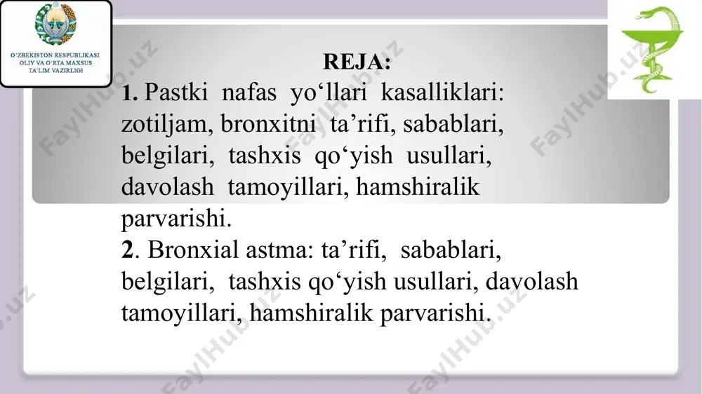 xshaydi. astmoid nafas – har nafas chiqarish oxirida baland xushtaksimon tovush bilan xarakterlanadi. bu bronxiolalarni spastik torayishi bilan bog’liq. stridor – bu havoning halqumdan, ovoz burmasi ostidan yoki traxeyadan o’tishida to’sqinlik borligi tufayli nafas olganda paydo bo’ladigan dag’al tovushdir. mavzuni dolzarbligi 1. 5 yoshgacha bo’lgan bolalar o’rtasida pnevmoniyadan o’lim holati 15 % ni tashkil etadi. 2. har yili pnevmoniyadan dunyo bo’yicha 5 mln bola nobud bo’ladi. 3. 5 yoshgacha bo’lgan bolalar o’rtasida asossiz rentgenografiya o’tkazish 2-4 %ni tashkil etadi. 4. 5 yoshgacha bo’lgan bolalar nafas a’zolari kasalliklari bilan eng ko’p shifoxonaga yotqiziladi. 5. o’tkir bronxit va pnevmoniya kasalliklari simptomlarida o’xshashlik mavjud, shuning uchun bu kasallik haqida ko’proq ma’lumotga ega bo’lishimiz zarur. pnevmoniya pnevmoniya yunon tilidan - “o’pka”; sin: o ’pka yallig’lanishi) – o’pka to’qimasining bakteriyalar va viruslar bilan zararlanishi oqibatida alveolalarda ekssudat yig’ilishi bilan kechadigan o’tkir infektsion kasallikdir. tasnifi: asosan pnevmoniyalar quyidagi turlarga bo’linadi. kelib chiqishi bo 'yicha: shifoxonadan tashqarida …
