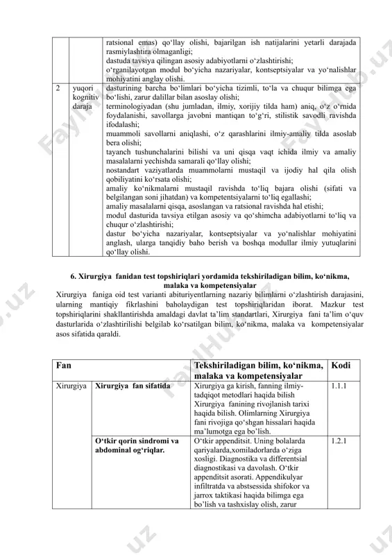 , diagnostika va differentsial diagnostika, tekshiruv usullari va davolash taktikasi. oilaviy shifokor vazifalari. reabilitatsiya, profilakitikasi.oshqozon – ichak trakti va nafas yo‘llari yot jismi. tasnifi, klinikasi, diagnostika va differentsial diagnostikasi. shoshilinch tez yordam. davolashda oilaviy shifokor vazifasi. reabilitatsiya va profilaktika. 1.14 ingichka va yo‘g‘on ichakdan qon ketish (kron kasalligi, sindrom peys-eger, yak, divertikulyoz, pollipoz, gemorroy va boshqalar). etiologiyasi, klinikasi, tashxislash va qiyosiy tashxislash metodlari. ichakdan qon ketishda oilaviy shifokor taktikasi. 1.15 qorin old devori, chov va son sohalarida to‘g‘rilanadigan va to‘g‘rilanmaydigan hosilalar. qorin oq chizig‘i, kindik, chov va son churralari. diagnostikasiva differentsial diagnostikasi. operativ va konservativ davolash usullari. oilaviy shifokor taktikasi. operatsiyaga ko‘rsatma operatsiyadan so‘nggi parvarish, reabilitatsiya, profilaktika. 1.16 orqa chiqaruv sohasidagi o‘smasimon hosiladar. og‘riq, qichishish. to‘g‘riichakdanqon ketish. diagnostika, differentsial diagnostikasi. tekshirish metodlari, davolash. oilaviy shifokor vazifasi. reabilitatsiya, profilaktika. 1.17 semizlik va metobolik sindrom ta’rifi, etiologiyasi, klassifikatsiya, diagnostika, klinikasi, konservativ va operativ davosi, oilaviy poliklinika shifokori taktikasi. 1.18 o‘pkaning o‘tkir bakterial …