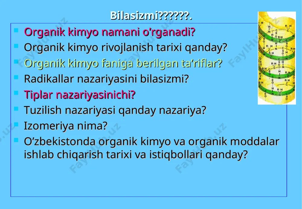 skeleti molekuladan molekulaga o‘zgarmasdan o‘tadi. bunday atomlar guruhiga radikallar deb ataladi. m-n: ch3- metil, ch3ch2- etil, c4h9-butil radikallari. organik reaksiyalar radikallar bilan bog‘langan va reaksiyaga kirish qobiliyati yuqori bo‘lgan funksional guruhlar hisobiga boradi. hozir yuzga yaqin funksional guruhlar mavjud. m-n: с=o, -cho, -сooh, -oн, -nh2, -x va h-zo. углерод атоми электронларининг холатлари organik kimyoni alohida fan qilib o‘qitishning asosiy sabablari: organik birikmalarning turli-tumanligi va ko‘pligi (7-8 mln.); organik birikmalarning tez o‘zgaruvchanligi. ular harorat ta’sirida suyuqlanadi, parchalanadi va oson yonadi. organik birikmalarning murakkabligi (с6н10o5)n n=10-100000; organik birikmalar dissosiyalanmaydi, chunki uglerod-uglerod orasidagi bog‘ kovalent bog‘dir. organik birikmalarning reaksiyalari sekin vaqtning o‘tishi bilan boradi; organik birikmalarda izomeriya hodisasi mavjud. m-n: с5н12 uglevodorodning uchta izomeri bor: ch3ch2ch2ch2ch3 n-pentan, ch3ch(ch3)ch2ch3 2-metilbutan, ch3с(ch3)2ch3 2,2-dimetilpropan. коволент боғ ҳосил бўлиш йўллари organik kimyo tarixi kimyoning dastlabki rivojlanish bosqichida organik va anorganik kimyo ajralmagan edi. xix asrgacha o`simlik va hayvonot dunyosining organik moddalariga asosan tibbiyot fanlari qiziqar edi. xix …