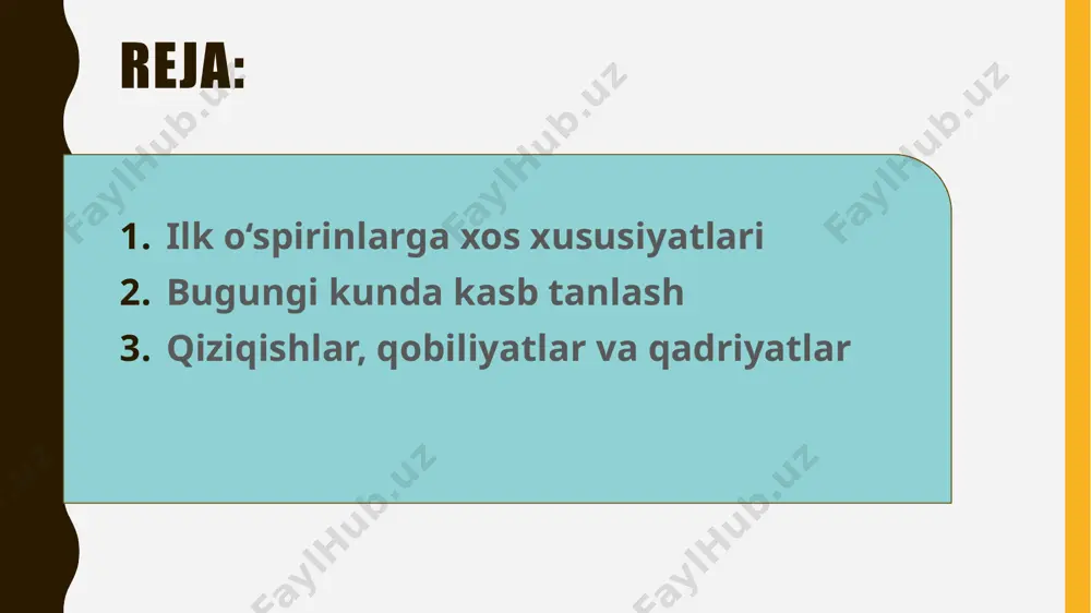 zarur. ikkinchidan, individ o‘z qiziqish va layoqatlarini shakllantiradigan qaror qabul qilish jarayoni sifatida namoyon bo‘ladi. uchinchidan, hayotning individual uslubini shakllantirish jarayoni sifatida, kasbiy faoliyat uning bir qismi sifatida namoyon bo‘ladi. bu uch nuqtai nazar o‘zaro bir-birini to‘ldiradigan ishning har xil tomonlaridir. yosh davrlari psixologiyasida kasb tanlash bir necha bosqichdan iborat. birinchi bosqich – bolalar o‘yinlari bo‘lib, unda bola o‘ziga har xil kasbiy rollarni qabul qiladi va shu bilan bog‘liq xulq-atvorning alohida elementlarini “o‘ynaydi”. ikkinchi bosqich – o‘smirlik xayoli bo‘lib, o‘smir orzularida, o‘zini u yoki bu qiziqarli kasbning namoyondasi sifatida ko‘radi. uchinchi bosqich - ilk o‘spirinlik davrini qamrab oladi – dastlabki kasb tanlashdir.har xil faoliyat turlari o‘smirning qiziqishlari tomonidan saralanadi va baholanadi (“men tarixiy romanlarni yoqtiraman, tarixchi bo‘laman”), keyin qobiliyatlari nuqtai nazaridan kasb tanlashga harakat qilinadi (“men matematikani yaxshi o‘zlashtirayapman, matematik bo‘lsammikan?”, eng so‘nggida qadriyatlar tizimi nuqtai nazaridan qarab chiqiladi (“men kasal odamlarga yordam berishni hohlayman, vrach bo‘laman"; “ko‘p pul topishni …