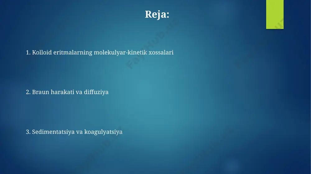 nning qizil rangi yoki kumushning sariq rangi, zarrachalar o’lchamiga va ularning yuzasida sodir bo’ladigan optik hodisalarga, xususan, plasmon rezonansiga bog’liq bo’lib, bu 520 nm atrofida kuzatiladi. kolloid eritmalarning yopishqoqligi kolloid eritmalarning yopishqoqligi konsentratsiyaga bogʻliq boʻlib, 25°c da 1% li kolloid eritmaning yopishqoqligi 1,5-2,0 sp ga teng boʻlishi mumkin, bu esa suvning yopishqoqligidan ancha yuqori. yuqori molekulyar birikmalar eritmalarining yopishqoqligi, masalan, 10% li kraxmal eritmasi, 100 sp ga yaqin boʻlib, einstein tenglamasidan foydalanib hisoblash mumkin. kolloid eritmalar: kirish kolloid eritmalarning o‘ziga xos xususiyatlari, masalan, tyndall effekti va brownian harakati, ularning tarkibiy tuzilishi va zarrachalarining o‘lchamlariga bog‘liq bo‘lib, 10 -9 -10 -6 metr oralig‘ida o‘zgaradi. kolloid kimyosi, 19-asr oxirida, tomas graham tomonidan kashf etilgan va keyinchalik, jahonning turli olimlar tomonidan rivojlantirilgan, shu jumladan, rossiya va germaniya olimlarining hissalari katta bo‘lgan. braun harakati va uning ahamiyati braun harakati nanotexnologiya sohasida, masalan, 10-100 nm o'lchamdagi kolloid zarrachalarini harakatini tahlil qilish va ularning xarakteristikalarini aniqlashda …
