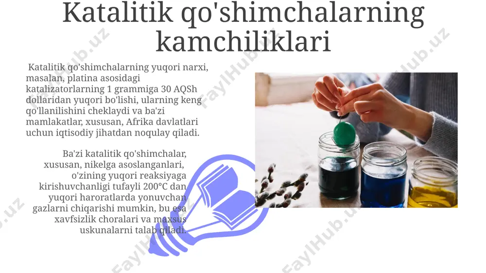 bbiyotdagi qo'llanilishi sanoat miqyosida ishlab chiqarishda, samarqand viloyatida joylashgan korxonada, 30% ga yaqin dori vositalarining ishlab chiqarish jarayonlarida ruteniy asosidagi katalizatorlarning samaradorligi yuqori ekanligi aniqlangan. katalizator sifatida ishlatiladigan qo'shimchalar, masalan, platina guruhi metallari, o'zbekistondagi 50 dan ortiq farmatsevtika zavodlarida dori vositalarining sintezi jarayonlarini tezlashtirishda qo'llaniladi. xavfsizlik choralari va ekologik ta'siri ba'zi katalitik qo'shimchalarning, masalan, platina guruhi metallarining, qimmatligi yuqori bo'lgani sababli, ularni qayta ishlash va xavfsiz utilizatsiya qilish masalasi dunyoning 100 dan ortiq mamlakatida dolzarb hisoblanadi. katalizator sifatida ishlatiladigan qo'shimchalarning 50% dan ortig'i ishlab chiqarish jarayonida 2-3 darajali toksik chiqindilar hosil qiladi, bu esa xorazm viloyatining ekologik muvozanatiga salbiy ta'sir ko'rsatishi mumkin. katalizatorlarning ta'rifi va turlari fermentlar – tabiiy katalizatorlar boʻlib, ular tirik organizmlarda, masalan, inson organizmidagi 20000 dan ortiq biokimyoviy reaksiyalarda 37°s haroratda yuqori samaradorlik bilan ishtirok etadi. katalizatorlar kimyoviy reaksiyalar tezligini oshirishga xizmat qiluvchi moddalar boʻlib, reaksiyada oʻzgarmaydi va 200 dan ortiq turdagi reaksiyalarda, jumladan, neftni qayta ishlashda …