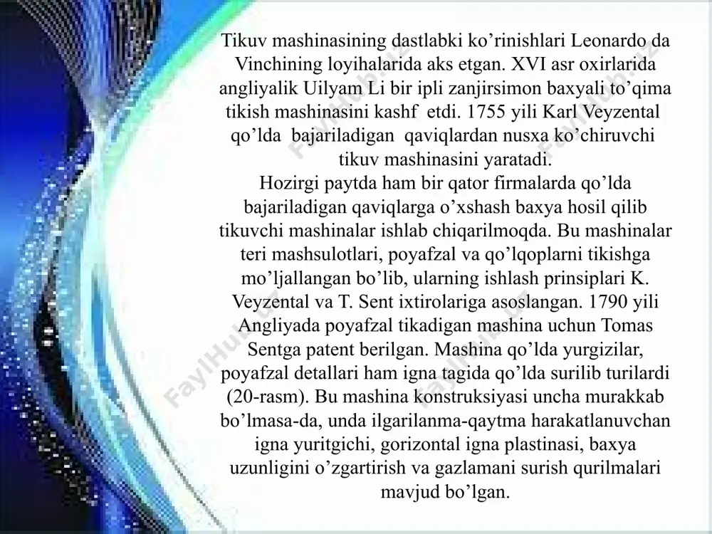 firmalarida pnevmatik va elektronik mexanikaviy qurilmali avtomatik va yarimavtomatik mashinalar, avtomatik boshqaruvli tizimlar katta hajmda ishlab chiqarilayapti. xitoyda yetakchi o'rinni egallaydigan qixing kompaniyasi yetkazib beruvchisi juda ishonchli quvvat tejaydigan servo dvigatelli baoyu tikuv mashinalari 2003 yilda dunyoning 38 mamlakatiga eksporti tashkil etildi va bugungi kunda baoyu tikuv mashinalari dunyoning 80 dan ortiq mamlakatlariga eksport qilinmoqda. xix asr oxirlaridan boshlab germaniyadagi "pfaff", "adler", "dyurkopp" firmalari poyafzal va kiyim tikishga mo‘ljallangan moki va zanjirsimon bahyali tikuv mashinalarini boshqa davlatlarga eksport qilmoqda. "dyurkop-adler" mashinasozlik firmasida avtomatik va yarim avtomatik tikuv mashinalari , texnologik jarayonlar uchun hisoblash texnikasi, elektron boshqaruv qurilmasi, mikroprotsessor vositalaridan keng foydalanilgan ixtisoslashgan sistemalar ishlab chiqarilayapti. e’tiboringiz uchun rahmat! image1.png image2.png image3.png image4.jpeg image5.jpeg /docprops/thumbnail.jpeg
