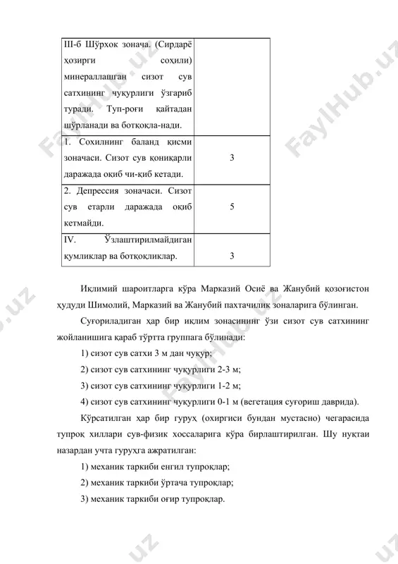 тини назорат қилиб туриш керак: 1) сизот сув сатхининг жойлашиш чуқурлигини; 2) сизот сувининин шўрланганлик даражасини; 3) тупроқнинг шўрланганлик даражасини. сизот сув сатхини кузатиб бориш учун махсус қудуқлар қазилади. бу қудуқлар мелиоратив шароитини ҳисобга олган ҳолда ва баланд - пастликларга характерли ерлардан қазилади. ернинг балад - пастлигига қараб қудуқлар 3-5 м чуқурликда қазилади. турғун бўлмаган оқма грунтларда бур-қудуқлар одатда диаметри 8-10 см бўлган асбоб-цемент қувурлар ўтказилади. трубаларни ўрнатишдан олдин уларнинг пастки қисмлари ғалвирак қилиб тешилади. қувурларга шу тешиклардан сув йиғилиб киради. қудуқда ўрнатилган қувур тевараги фильтр баландлигида шағалга тўлдирилади, яъни тескари фильтр қувурни лойқа босишдан сақлайди. қувур тубига ҳам тиқилиб қолмаслиги, ёғин сувлар оқиб кирмаслиги учун металл қопқоқ билан ёпиб қўйилади. ўпирилмайдиган зич грунтларда кузатиш қудуқлари ичига қувур ўрнатилмайди. қудуқнинг уст қисмига қисқа (70-80 см) ёғоч, асбо-цемент оғиз ясаш керак. сизот сувининг сатхи доимо қудуқ оғзидан бошлаб ўлчанади. хўжалик майдони ва мелиоратив шароитга қараб кузатиш қудуқлари 5-15 та гача ва …