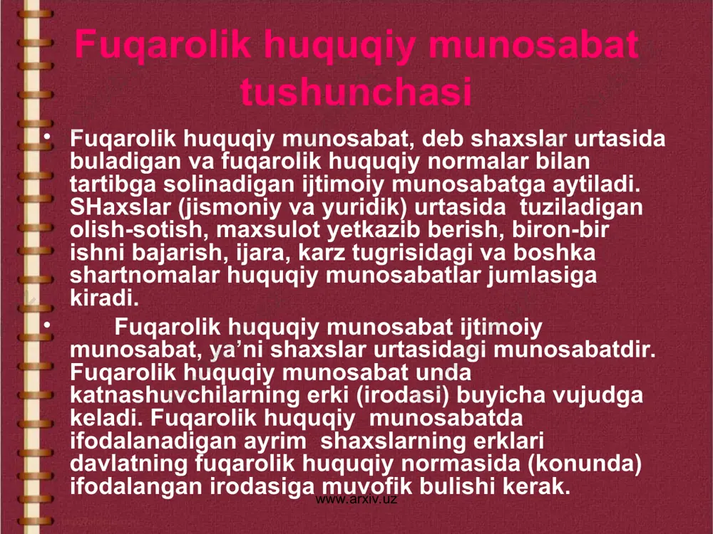 www.arxiv.uz www.arxiv.uz xar kanday huquqiy munosabat: huquqiy munosabat sub’ektlari, mazmuni va ob’ektlaridan iboratdi. fuqarolik huquqiy munosabat sub’ektlari - unda katnashuvchi shaxslar - fuqarolar va tashkilotlar (ya’ni yuridik shaxs huquqiga ega bulgan korxonalar, muassasalar, jamoa xujaligi, kooperativ va boshka tashkilotlard xamda ularning birlashmalari)dir. davlat xam fuqarolik huquqiy munosabat ishtirokchisi bula oladi. fuqarolik huquqiy munosabatda katnashuvchi shaxslar fuqarolik huquqiy layokatiga, ya’ni fuqarolik huquqlari va burchlariga ega bulish layokatiga molik bulishlari lozim. fuqarolik huquqiy munosabatning mazmunini shu munosabatda katnashuvchi shaxslarning sub’ektiv huquqlari va burchlari tashkil etadi. www.arxiv.uz www.arxiv.uz sub’ektiv huquq deyilganda, muayyan huquqiy munosabatda katnashuvchi shaxsga tegishli huquq tushuniladi. sub’ektiv huquqlar ob’ektiv huquq normalari, ya’ni davlat tomonidan belgilangan umumiy koidalar asosida vujudga keladi va ularga muvofik ravishda amalga oshiriladi. sub’ektiv huquqlar uz egasiga konun bilan yul kuyilgan davrlarda uz xoxishi va ixtiyori bilan xarakat kilish imkoniyatini beradi. boshkacha kilib aytganda, sub’ektiv huquq sub’ektga uz erkini amalga oshirish va uz manfaatlarini kondirish imkoniyatini beradigan …