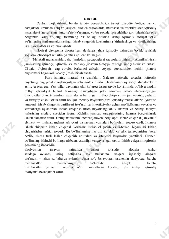 zarur. i bob. ishlab chiqarish omillari to`g`risida nazariy yondashuvlar 1.1 ishlab chiqarish omillari mohiyati va vazifalari iqtisodiyotning bu turlari darajali, shakllari, qanday bo’lishidan qat'iy nazar ularning xammasi bir maqsadga bo’ysungan: u xam bo’lsa, insoniyatning yashashi, ko’payishi, va kamol topishi uchun shart-sharoit yaratib berish, turli xil xayotiy vositalarni yaratib , ularni extiyojlarini qondirib borishdan iboratdir. xulosa shuki, iqtisodiyot inson xayotining asosini , uning poydevorini tashkil etib, o’zi esa insonsiz, uning faoliyatisiz mavjud bo’lmaydi va mazmunga xam ega emas. inosniyatning iqtisodiyotidagi roli uning tabiatidagi eng oliy tirik mavjudot ekanligi bilan ya'ni ongli ravishda ma'lum maqsadga qarab ijodiy mexnat olish qobiliyati bilan belgilanadi. inson tomonidan yaratilgan tovarlar, xizmatlarning resurslarining xarakati bo’yicha iqtisodiyot turli fazalardan- ishlab chiqarish , ayirboshlash , taqsimlash va iste'mol jarayonlarining birlishidan iboratdir. bularning ichida asosiysi va boshlang’ichi ishlab chiqarish jarayonidir. chunki xamma tovarlar va xizmatlar shu bosqichda yaratiladi. agar ishlab chiqarish bo’lmasa, taqsimlanadaigan ayirboshlanadigan va nixoyot, iste'mol qilinadigan narsalar bo’lmaydi. …