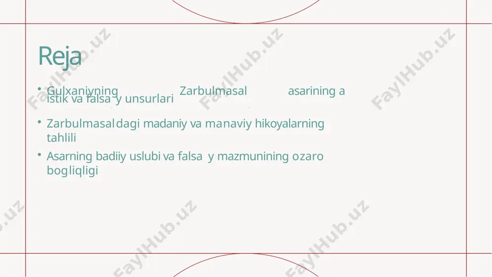 r nafaqat krlarni, balki madaniy va falsa y qadriyatlarni ham chuqur ifodalaydi. gulxaniyning "zarbulmasal"dagi madaniy va falsa y ma'nolar o' asidagi bog'liqlik "zarbulmasal"da madaniy hikoyalar va falsa y krlar o'zaro uzviy bog'liq bo'lib, xalq an'analari va falsa y qadriyatlarni birlashtiradi, yuksak ma'naviy qadriyatlarni ifodalaydi. asarda milliy u -odatlar va falsa y krlar bir-biriga mos kelib, xalqning tarixiy va ma'naviy qadriyatlarini shakllantirishda muhim rol o'ynaydi, o'zaro ta'sir ko'rsatadi. gulxaniyning asarida falsa y g' oyalar madaniy ramzlar va simvollarga asoslangan holda ifodalanadi, bu esa xalq ongini va ma' naviyatini chuqurlashtiradi. zarbulmasal"dagi madaniy hikoyalar va ularning xalq ongiga ta'siri " zarbulmasal" da turli madaniy hikoyalar, xalq an' analari va u -odatlar orqali milliy ong va qadriyatlar shakllanadi, avloddan-avlodga o' tadi. bu hikoyalar xalqning kundalik hayoti, u -odatlari va dini tushunchalarida chuqur aks etib, milliy identitet va vatanpa arlikni mustahkamlaydi. madaniy hikoyalar orqali yoshlar ma' naviy qadriyatlarni, adolat va mehr-oqibat prinsiplarini anglab, ularning shaxsiy …