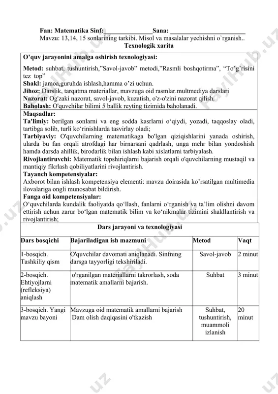 soda matematik amallarni bajarish. suhbat 3 minut 3-bosqich. yangi mavzu bayoni mavzuga oid matematik amallarni bajarish dam olish daqiqasini o'tkazish suhbat, tushuntirish, muammoli izlanish 20 minut 4-bosqich.yangi mavzuni mustahkamlash interfaol usullardan foydalanish.multmediyadan foydalangan holda darsni mustahkamlash o'yin 15 minut 5-bosqich. baholash darsdagi faolligiga qarab o'quvchilar baholanadi. 3 minut 6-bosqich. uygavazifa darslikdagi uyga vazifa ekanligi aytiladi, ularni yechish bo'yicha ko'rsatmalar beriladi. tushuntirish 2 minut darsning maqsadi.: 1) o`quvchilarning bir va ikki xonalai sonlar haqida egallagan bilimlarini boyitib borish, 13,14,15 sonlarning tarkibi haqida tushuncha berish, ikki xonali sonlarni xona birliklariga ajrata olish. 2) o`quvchilarga dars jarayonida hamjihatlik, birodarlik tuyg`ularini singdirish. 3) o‘quvchilarning matematik nutq va xotirani rivojlantirish dars turi: aralash dars metodlar: suhbat, savol-javob, mustaqil ish, didaktik o`yin dars jihozlari: darslik, tarqatma materiallar, mavzuga doir plakatlar, akt darsning borishi: i.tashkiliy qism: o`quvchilarning darsga tayyorgarligini ta`minlash o`quvchilarning diqqatini darsga jalb etish. ii.o’tilgan mavzuni so’rash va mustahkamlash. uy vazifasi turli xil usullardan foydalangan holda …