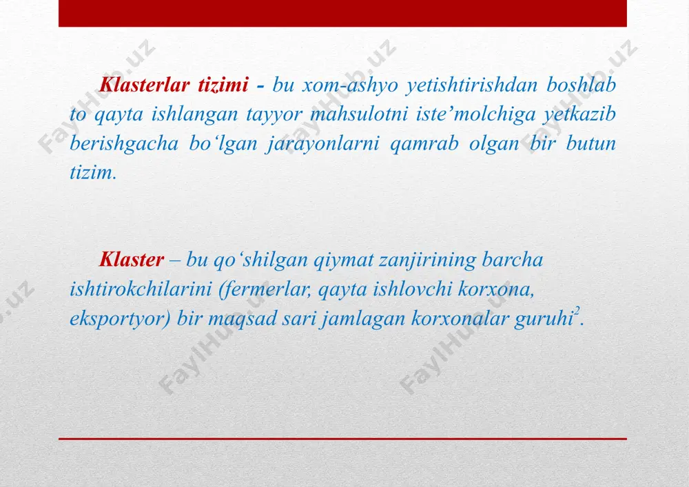 shyo bo‘lmagan rayonlarda rivojlanmaydi. bunday sanoatmineral o‘g‘itlar ichida kaliy o‘g‘itini ishlab chiqarish geografiyasi batamom xom ashyo omili bilan belgilanadi, chunki uni olish uchun ko‘p miqdorda kaliy tuzi sarflanadi. ayni paytda azot (selitra) o‘g‘itini ishlab chiqaruvchi korxonalar ancha «erkin» joylashadi. bunday korxonalar qora metallurgiya markazlariga, suv manbalariga yaqin, neft va gaz sanoati rivojlangan rayonlarda o‘rnatilishi ham mumkin. fosfor o‘g‘iti ishlab chiqaruvchi korxonalar xom ashyo va iste’mol rayonlarida joylashtiriladi. xom ashyo sifatida apatit, fosforitlar xizmat qiladi. shuningdek, bu o‘g‘itni ishlab chiqarishda oltingugurt kislotasi ham talab etiladi. shu bois ular rangli metallurgiya markazlarida ham tashkil etiladi. o‘zbekistonda azot yoki selitra chirchiq, navoiy, farg‘onada, superfosfat qo‘qon va samarqandda, ammofos yoki azot va fosfor o‘g‘itlarining birikmasi olmaliqda ishlab chiqariladi o‘zbekistondagi xom ashyo omili asosida tashkil etilayotgan gaz-kimyo klasterlari “energetika resurslari” ni klasterini tuzing. "hududiy klasterlarning nazariy asoslari" bo‘yicha talabaning mustaqil ta’limishu fanni o‘rganish jarayonining tarkibiy qismi bo‘lib, uslubiy va axborot resurslari bilan to‘la ta’minlangan. talabalar …