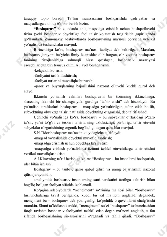 r etishni vertikal muvofiqlashtirish. a.i.kitovning ta’rif berishiga ko‘ra: “boshqaruv – bu insonlarni boshqarish, ular bilan ishlash”. boshqaruv – bu tanlov, qaror qabul qilish va uning bajarilishini nazorat qilish jarayonidir. amaliyotida boshqaruv insonlarning xatti-harakatini tartibga keltirish bilan bog‘liq bo‘lgan faoliyat sifatida izohlanadi. ko‘pgina adabiyotlarda “menejment” so‘zining ma’nosi bilan “boshqaruv” tushunchalariga ta’rif berilganda, xuddi bir xil ma’noni anglatadi degandek, menejment bu – boshqaruv deb yozilganligi ko‘pchilik o‘quvchilarni chalg‘itishi mumkin. shuni ta’kidlash kerakki, “menejment” so‘zi “boshqaruv” tushunchasidan farqli ravishta boshqaruv faoliyatini tashkil etish degan ma’noni anglatib, u fan sifatida boshqarishning sir-asrorlarini o‘rganadi va tahlil qiladi. “boshqaruv” atamasi nisbatan kengroq ma’noni anglatadi, mazkur tushuncha orqali ma’lum bir shaxs tomonidan biror-bir obyektning boshqarilishini, ya’ni nafaqat insonlarni, balki mashina, dastgoh yoki texnologik qurilmalarni boshqarish, shuningdek, mazkur boshqaruvlarni ham boshqarishni tushunish mumkin. mazkur fikrga asoslanib aytish mumkinki, ishlab chiqarishni boshqarish ishchilarni boshqarishdan iborat bo‘lib, ular o‘z navbatida mehnat vositalarini boshqaradilar, shunday ekan, boshqaruv tushunchasi boshqariladigan obyekt va …