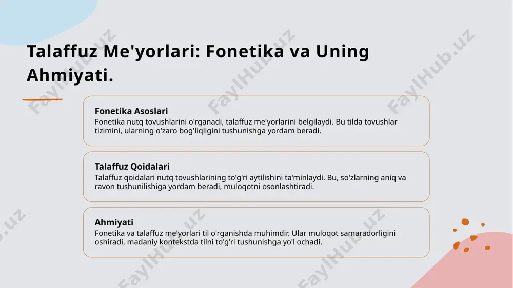 n tutadi. 4 zamonaviy dasturlar hozirgi dasturlar o'zbek tili talaffuzini o'rgatishda zamonaviy uslublarni qo'llaydi. bu texnologiyalar talaffuzni yaxshilashga yordam beradi. lingvistik kompetensiya: fonetika va ortografiya o'rtasidagi aloqa. 1 fonetika muhimligi fonetika talaffuz va nutq tovushlarining to'g'ri ifodalanishini ta'minlaydi. bu lingvistik kompetensiya rivojida asosiy rol o'ynaydi. 2 ortografiya asoslari ortografiya so'zlarning yozilish qoidalarini belgilaydi. to'g'ri imlo tilning aniq va bir xil tushunilishini kafolatlaydi. 3 o'zaro aloqa fonetika va ortografiya bir-birini to'ldiradi. ular birgalikda tilning to'g'ri ishlatilishini va o'qitilishini ta'minlashda muhimdir. nutqning fonetika va ortografiya talimida o'rni. 1 fonetikaning roli fonetika nutqda tovushlarning to'g'ri talaffuzini ta'minlaydi. bu nutqni aniq, ravon qilish va til o'rganishni samarali o'rgatishga yordam beradi. 2 ortografiyaning ahamiyati ortografiya nutqda so'zlarning to'g'ri yozilishini ta'minlaydi. bu yozma muloqotni aniq va tushunarli qilib, tilni o'rganishni osonlashtiradi. 3 ta'limda amaliyot fonetika va ortografiya ta'limda amaliy mashqlar orqali rivojlantiriladi. o'quvchilar talaffuz va yozuvda ko'nikmalarni real vaziyatlarda mustahkamlashadi. o'zbek tilining lingvistik kompetensiyasi: asosiy tamoyillar. …