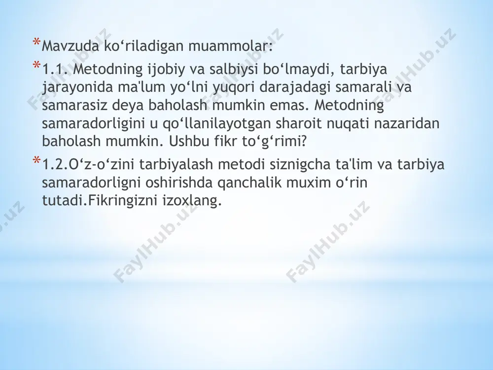 tijaga erishilmasa yoki bolalar e'tibor qaratilgan holatning mohiyatini tushunishni istamasalar, eng so‘nggi chora sifatida qoralash va jazo metodida foydalanishga to‘g‘ri keladi. biroq, bu eng so‘nggi chora. zamonaviy pedagogika g‘oyalariga ko‘ra qoralash va jazo metodlarini so‘nggi, aniqrog‘i kam samara beradigan chora ekanligini isbotlangan. suhbat. o‘quvchi shaxsini g‘oyaviy va ma'naviy-axloqiy jihatdan shakllantirishda o‘qituvchining jonli so‘zi eng ta'sirchan usul hisoblanadi. suhbat uchun mavzu tanlashda uning mazkur sinf o‘quvchilari uchun dolzarbligi, o‘quvchilarda ma'naviy-axloqiy ishonch uyg‘otishning suhbat mazmuniga bo‘lgan munosabatlari va suhbatdan kutilayotgan natijani hisobga olish zarur. suhbat quyidagi mavzularda uyushtirilishi mumkin: a) etik mavzular (ijtimoiy ma'naviy-axloqiy me'yorlar, jamiyatda ustuvor o‘rin tutuvchi ijtimoiy munosabatlar, jamoa orasida o‘zini tutish qoidalari va boshqalar); b) estetik mavzular (tabiat go‘zalligi, shaxslararo munosabatlar, inson go‘zalligi); v) siyosiy mavzular (davlatning ichki va tashqi siyosati, dunyo voqyealari, xalqaro munosabatlar va boshqalar); g) ta'lim va bilishga oid mavzular (koinot, hayvonot va o‘simliklar dunyosi, elektronika va boshqalar). maktab amaliyotida izohlash ishontirishga tayanadi. ishontirish vositasida …