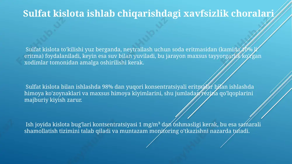 otasi ishlab chiqarishda, o'g'itlar va boshqa kimyoviy moddalar sintezida muhim katalizator vazifasini o'taydi, yillik iste'moli milliard tonnalar bilan o'lchanadi. metallurgiya sanoatida, ayniqsa, temir rudalarini boyitish va metallarni qayta ishlashda, sulfat kislotasining yillik sarfi millionlab tonnalarni tashkil etadi, bu uning ahamiyatini ko'rsatadi. xomashyo manbalari va tayyorlash jarayonlari кукирт кислотасини ишлаб чиқаришда 98% ли концентрацияга эга маҳсулот олинади, бу эса кўпгина саноат жараёнлари учун жуда муҳимдир. контактли усулда кукирт (iv) оксидининг кукирт (vi) оксидига 450°c да ва ванадий (v) оксиди катализатори иштирокида окислиши асосий босқич ҳисобланади. сульфат кислотаси ишлаб чиқаришдаги йиллик жаҳон ҳажми 200 миллион тоннадан ортиқни ташкил этади, бу унинг саноатдаги асосий аҳамиятини кўрсатади. kamera usuli bilan sulfat kislota ishlab chiqarish kamera usulida 98% gacha konsentrlangan sulfat kislota olish mumkin, bu esa yuqori tozalikdagi mahsulotni ta’minlaydi va qo’shimcha tozalash jarayonlarini kamaytiradi. ushbu usulda oltingugurt(iv) oksidining so3 ga oksidlanishi katalizatorlar ishtiroki bilan 400-450°c haroratda amalga oshiriladi, bu jarayonning yuqori samaradorligini ta’minlaydi. kamera …