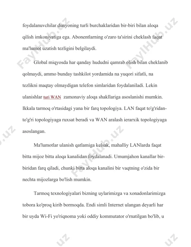 ompyuterlarni tarmoqqa birlashtirish uchun moʻljallangan lokal kompyuterlar tarmoqlarining standart texnologiyalari hisoblangan – ethernet, arcnet, token ring, token bus va fddi texnologiyalaridan amalda foydalanish natijasida, ularning afzalliklari va kamchiliklari maʼlum boʻla bordi. texnologiyalarni ishlab chiqaruvchilar aniqlangan kamchiliklarni tuzatib, oʻzlarining yangi texnologiyalarini ishlab chiqara boshladilar. avval arcnet va token bus, keyinchalik esa token ring va fddi texnologiyalari bozorlarda yuzaga kelgan raqobatlar natijasida sotilmay qoldi. xozirga kelib esa, ethernet texnologiyasini ishlab chiqaruvchilarining harakatlari natijasida, ushbu texnologiyaning keyingi ishlab chiqarilgan 100 mbit/sek tezlikda ishlaydigan fast ethernet va 1 gbit/sek – 100 gbit/sek tezliklarda ishlaydigan gigabit ethernet texnologiyalaridan, zamonaviy lokal kompyuter tarmoqlarini qurishda keng foydalanilmoqda. global kompyuter tarmoqlari texnologiyalariga misol qilib - x.25, frame relay, smds, atm va tcp/ip texnologiyalarini keltirish mumkin. ushbu texnologiyalar ham, lokal kompyuter tarmogʻi texnologiyalari kabi, maʼlum yillar davomida qoʻllanib va takomillashtirilib kelinmoqda. xozirgi paytda esa, asosan atm va tcp/ip texnologiyalaridan keng foydalanilmoqda. xulosa: xulosa o'rnida shuni aytish mumkinki, tarmoq, tarmoq …