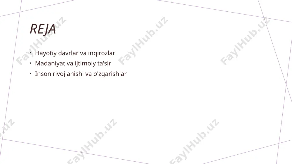 ammolar va oilaviy ziddiyatlar, madaniyatga ta'sir qiladi. 4 madaniyat va yechim o'zbek madaniyati inqirozlarni hal etishda an'anaviy qahramonlar, maslahatlar va jamoaviy yondashuvlar orqali yordam beradi, bu esa ijtimoiy barqarorlikni ta'minlaydi. madaniyat va inqirozlar: o'zbek tajribasi va qadriyatlar. madaniyatning ta'siri o'zbek madaniyati, an'analar va qadriyatlar orqali hayotiy inqirozlarni boshqarishga yordam beradi, shuningdek, jamiyatda barqarorlikni saqlashda muhim rol o'ynaydi. qadriyatlar va inqirozlar o'zbek qadriyatlari, masalan, oilaviy aloqalar va hurmat, inqiroz paytida insonlar o'rtasida qo'llab-quvvatlashni ta'minlab, ijtimoiy barqarorlikni kuchaytiradi. madaniy moslashuv o'zbeklar hayotiy inqirozlarga moslashish uchun madaniyatga asoslangan yondashuvlarni rivojlantiradi, bu esa ularning psixologik va ijtimoiy salomatligini yaxshilaydi. ijtimoiy ta'sirlar: hayotiy davrlarda o'zgarishlar va muammolar. 01 ijtimoiy o'zgarishlar o'zbekistonda hayotiy davrlar davomida ijtimoiy o'zgarishlar, iqtisodiy va madaniy rivojlanish bilan bog'liq bo'lib, shaxslar va oilalarga ta'sir qiladi. 02 krizislarning sabablari hayotiy inqirozlar ko'pincha ijtimoiy me'yorlarning o'zgarishi, iqtisodiy qiyinchiliklar yoki madaniy an'analar bilan bog'liq bo'ladi, bu esa inson ruhiyatiga ta'sir ko'rsatadi. 03 ijtimoiy qo'llab-quvvatlash o'zbek …