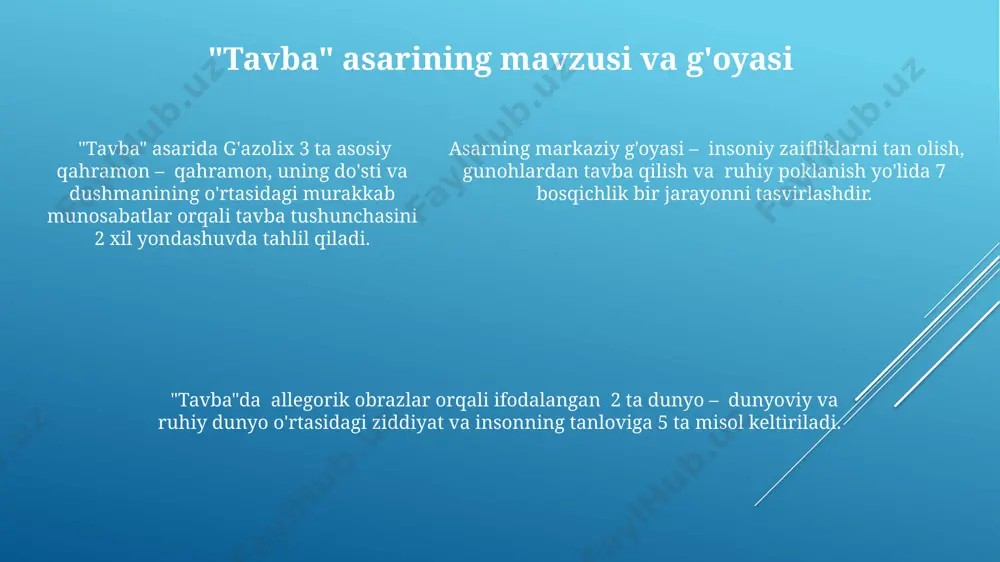 бўлиб, бу воқеа асарнинг мазмуний ядросини ташкил этади. “tavba”даги воқеалар ривожи 3 асосий босқичдан: гуноҳ, пушаймон ва мағфиратдан иборат бўлиб, ҳар бирида 2-3 та муҳим воқеалар тасвирланган. ijtimoiy-siyosiy ma'nolarning tahlili “tavba”da siyosiy islohotlarga oid 2 ta muhim gʻoya bayon etilgan boʻlib, ularning zamonaviy ijtimoiy-siyosiy hayotga tatbiqiy ahamiyati oʻrganilgan. asarda 7 ta bobda ijtimoiy-siyosiy munosabatlarning turli jihatlari, shu jumladan, hukmdorlarning xalqqa nisbatan mas’uliyati va adolatli boshqaruv masalalari koʻrib chiqilgan. gʻazoliyning “tavba” asarida ijtimoiy adolatsizlikka qarshi 3 ta asosiy argument, xususan, boy-badavlatlarning zulmi va kambagʻal qatlamlarga bosim oʻtkazish holatlari tahlil qilingan. til va uslub xususiyatlari gʻazoliyning "tavba" asarida 7 dan ortiq turli adabiy uslublar, jumladan, majoz, istiora va kinoya kabi badiiy vositalarning qoʻllanilishi kuzatiladi, bu asarning ifoda vositalarining boyligidan dalolat beradi. "tavba"da hikoya qilish va falsafiy mulohaza yuritish uslublarining uygʻunligi kuzatiladi, bu esa asarning 2 qismga boʻlinishiga, har bir qismining oʻziga xos xususiyatlarga ega boʻlishiga olib keladi. asarda takrorlanuvchi soʻzlar va iboralar …