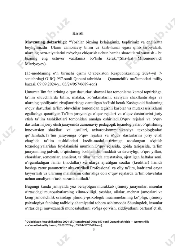 rganish, ijtimoiy muammolarni hal qilishda samarali psixologik yondashuvlarni ishlab chiqish imkonini beradi. kurs ishining maqsadi: : ijtimoiy psixologiya fanining tadbiqiy sohalarini o‘rganish. kurs ishining vazifalari: 1 ijtimoiy psixologiyaning tadbiqiy sohalarini psixolog olimlar tomonidan olib borilgan tadqiqotlar mazmuni. 2 ijtimoiy psixologiya fanining tadbiqiy sohalari moxiyati. 3 yoshlarda va oila sohasidagi muommolarni psixodiadnostik o'rganish. 4 yoshlarda va oila sohasidagi muommolarni bartaraf etish bo'yicha olib borilgan psixokorreksion ishlar tahlili. kurs ishining predmeti: insonlar o‘rtasidagi ijtimoiy munosabatlar va ular qanday psixologik qonuniyatlarga asoslanishini o‘rganish hamda bu bilimlarning amaliy hayotda — turli kasbiy va ijtimoiy sohalarda — qanday qo‘llanilishini tahlil qilish. kurs ishining obyekti kurs ishining nazariy ahamiyati: mazkur kurs ishining nazariy ahamiyati shundan iboratki, u ijtimoiy psixologiya fanining asosiy tushunchalari, qonuniyatlari va tamoyillarini chuqur o‘rganish imkonini beradi. shu orqali insonlar o‘rtasidagi munosabatlar qanday shakllanishi, ijtimoiy guruhlarda qanday psixologik jarayonlar sodir bo‘lishi nazariy jihatdan tahlil qilinadi. kurs ishining amaliy ahamiyati: ijtimoiy psixologiya fanining nazariy bilimlarini …