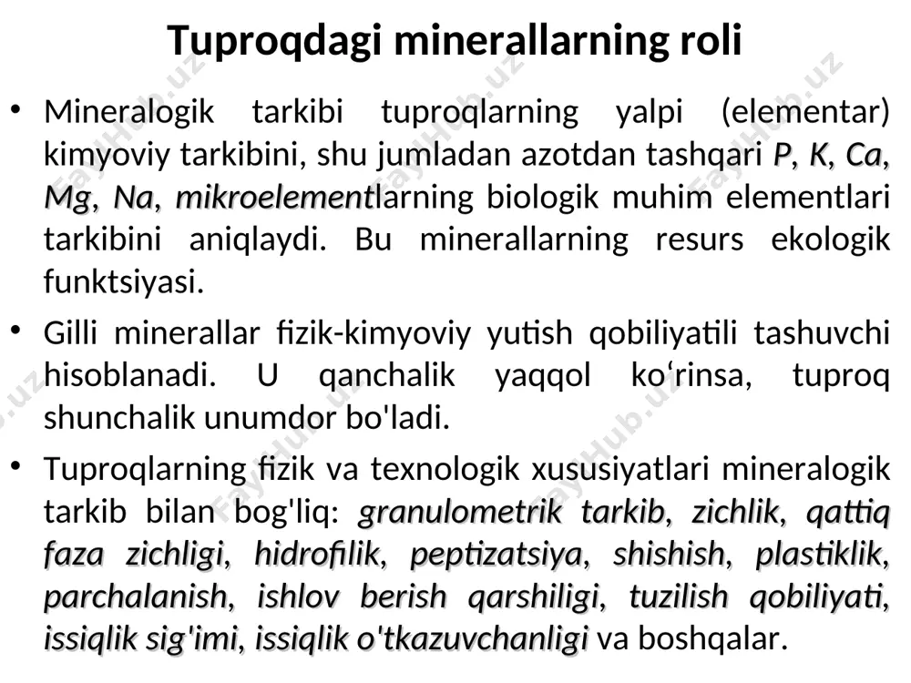 irlamchi minerallar ob-havoga qarshi eng chidamli turlar bilan ifodalanadi. tuproq hosil qiluvchi jinslar va tuproqlardagi birlamchi minerallarning tarkibi granulometrik tarkib bilan bog'liq. ular qum massasining 90-98%, qum massasining 50-80%, loy massasining 10-12% ni tashkil qiladi. birlamchi minerallar azotdan tashqari o'simliklarning ozuqa moddalarining boshlang'ich zaxirasini o'z ichiga oladi, asosan tuproqlarning elementar kimyoviy tarkibini, ularning fizik xususiyatlarini aniqlaydi. birlamchi minerallar kvarts sio2 – eng ob-havoga chidamli mineral, 40-60% va >, katta-katta donali. dala shpatlari. magmatik jinslarning tarkibi 60%, litosferada 50%. tuproqlarda ob-havo jarayonlari tufayli tarkib 10-20% gacha kamayadi. qumli (10,05 mm) va changli (0,050,001 mm) tuproq fraksiyalarida tarqalgan. ma'nosi: 1. ular qumli va changli fraksiyalarga kirib, agrofizik xususiyatlarga ta'sir qiladi, ularning optimal miqdoriy tarkibi o'rtacha qumloq va engil qumloq granulometrik tarkibga olib keladi. 2. ikkilamchi, shu jumladan loy minerallarini hosil qilish manbai. * temir-magnezial aluminosilikatlar(amfibol guruhlari, piroksenlar) magmatik jinslarda tarkib 17% ni tashkil qiladi. ular osongina ob-havoga uchraganligi sababli, ular asosiy, ultramafik …