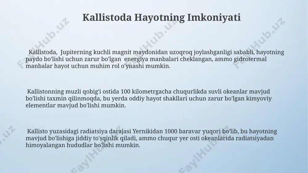 bombardimoniga duch kelganligini koʻrsatadi. bu yuzaning geologiyaning oʻta sekin rivojlanganligini bildiradi. kallistonni o'rganish tarixi 2000-yillarning oxirida va 2010-yillarning boshlarida yer teleskoplari va hubble kosmik teleskopi yordamida kallistoning sirt tarkibi va kraterlari haqida qoʻshimcha tafsilotlar aniqlandi, bu esa uning geologik tarixi haqida qoʻshimcha ma’lumotlarni berdi. 1979-yilda voyager 1 va voyager 2 kosmik apparatlari kallistoning birinchi yaqin suratlarini va ma’lumotlarini yerdan 11 million kilometr masofadan olishdi, bu esa uning sirt tuzilishi va kattaligi haqida dastlabki tushunchalarni berdi. galileo kosmik apparati 1996-2003 yillar oraligʻida yupiter sistemasida 8 yil davom etgan missiyasi davomida kallistoni 34 marta yaqin kuzatdi va uning magnit maydoni, ionosferasi va sirt xususiyatlari boʻyicha muhim ma’lumotlarni toʻpladi. e'tiboringiz uchun rahmat @taqdimot_robot image4.png image3.jpeg
