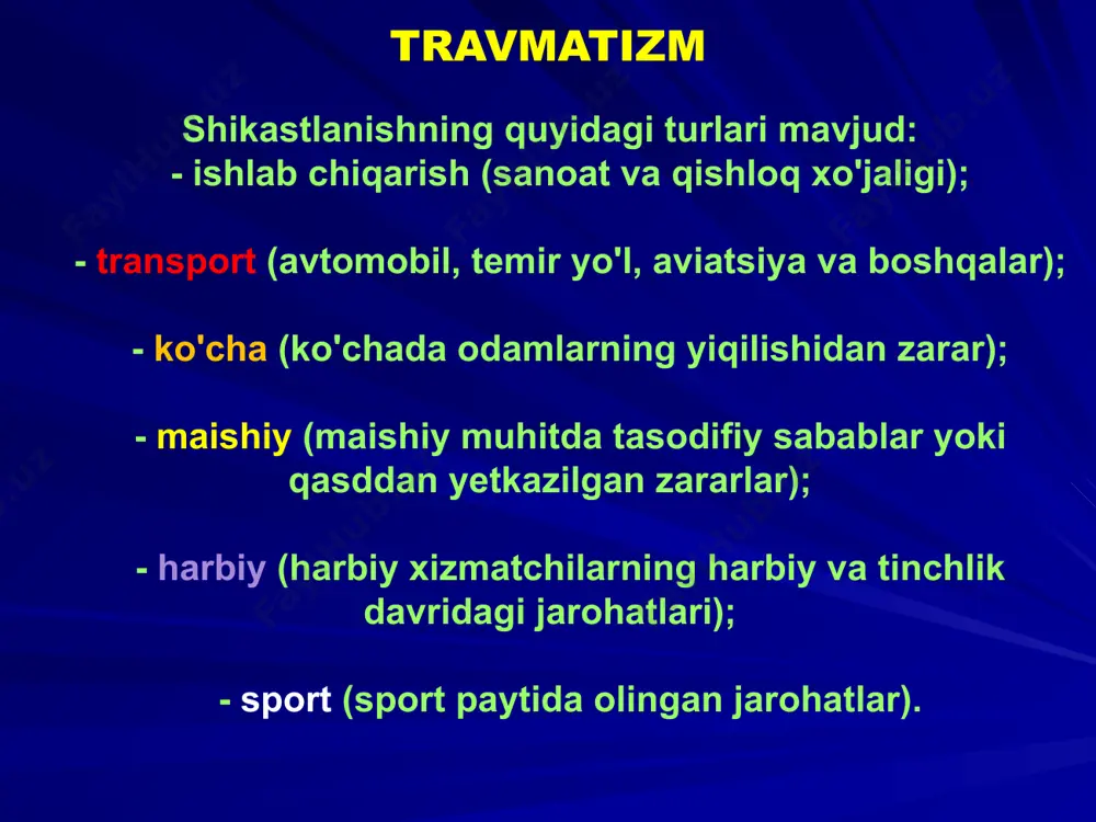 tkir jismlar tasnifi kesuvchi chopuvchi teshuvchi: 1. bir yoki ikki tomonlama o’tkir qirrali 2. qirrasiz sirt bilan 3. qirrali sirt bilan kesilgan jarohatlar teshilgan jarohatlar o’qotar qurollardan jarohatlanish pnevmotoraks bog’lam/ yelimli/ shaffof plyonka btt. okklyuzion bog’lam qo’yish plevra bo’shlig’ini punktsiya qilish. o’rta o’mrov chizig’i bo’ylab 2-3 qovurg’alar orasidan qovurg’aning yuqori qirrasidan qilinadi. torakotsentez uchun to’plam tyurkel ignasi bilan birga. kateter 8 fr, ajralmani yig’uvchi qopcha, tyurkel ignasi, uchyo’lli jo’mrak, chiziqlar. drenajning tashqi uchida qo'lqopli kauchuk klapan bor havoning teskari aspiratsiyasiga yo’l qo’ymaslik uchun; strelka plevra bo'shlig’i tarkibidagi modda yo'nalishni ko'rsatadi. plevra bo’shlig’ini byulau usulida drenajlash sinishlar va chiqishlar qisqacha tarixi gippokrat dastlab sinish, chiqish, maymoqlik va bo’g’imlarni to’g’irlash tushunchasini kiritgan, qimirlamaydigan shinali bog’lamlarni qo’llagan. n.i.pirogov gipsli bog’lamlarni qo’llagan. bardengeyer sinishlarni tortish yo’li bilan davolagan. shteynman suyakka kiritilgan mix yordamida skeletni tortishni taklif qildi. k.f. vegner ilk kunlardanoq shinalarsiz aktiv harakat bilan kombinatsiya qilish maqsadida yopishqoq plastirli tortishni kashf qildi. sinishlar. …