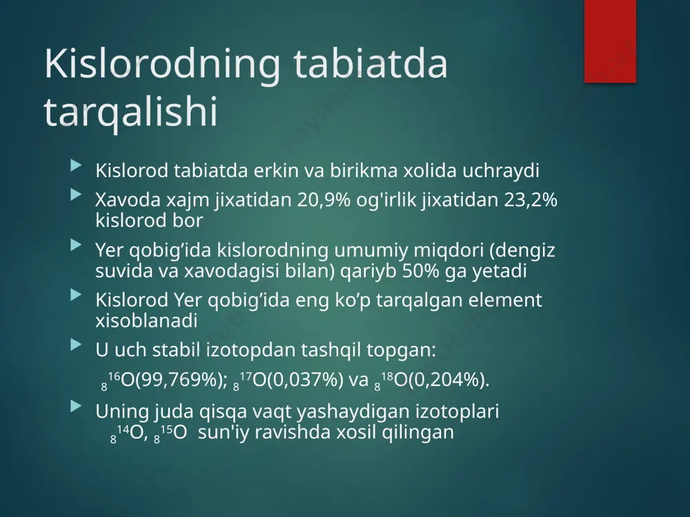 na2so4 + h2so4 + h2o2 xossalari vodorod peroksidning tuzilishi formulasi h - o - o - h dir kislorod atomlari -o - o – ko’prik orqali birikadi kislorod ko’prigining uzilishi natijasida, sharoitga qarab, vodorod peroksid oksidlovchilik yoki qaytaruvchilik xossalarini namoyon qiladi: 2ki + h2o2 + h2so4 = i2 + k2so4 + 2h2o bu reaktsiyada h2o2 oksidlovchi sifatida ishtirok etadi: ag2o + h2o2 = 2ag + h2o + o2 vodorod peroksid beqaror modda bo’lib, yorug’likda o’zidan kislorod chiqarib, oddiy suvga aylanadi: 2h2o2 = 2h2o + o2 vodord peroksid molekulasidagi vodorodni metallar yoki metallamaslar bilan almashtirib, peroksi birikmalar xosil qilinadi bariy peroksid bao2, xromperoksid cro5, peroksonitrat kislotasi nho4, peroksosulfat kislota h2so5 peroksobirikmalar kuchli oksidlovchilar sifatida ishlatiladi. e’tiboringiz uchun raxmat dostonbek jo’rayev. + 998 99 900 – 46 – 25. @kimyo_1 @kimyo_masalalar_tahlili /docprops/thumbnail.jpeg