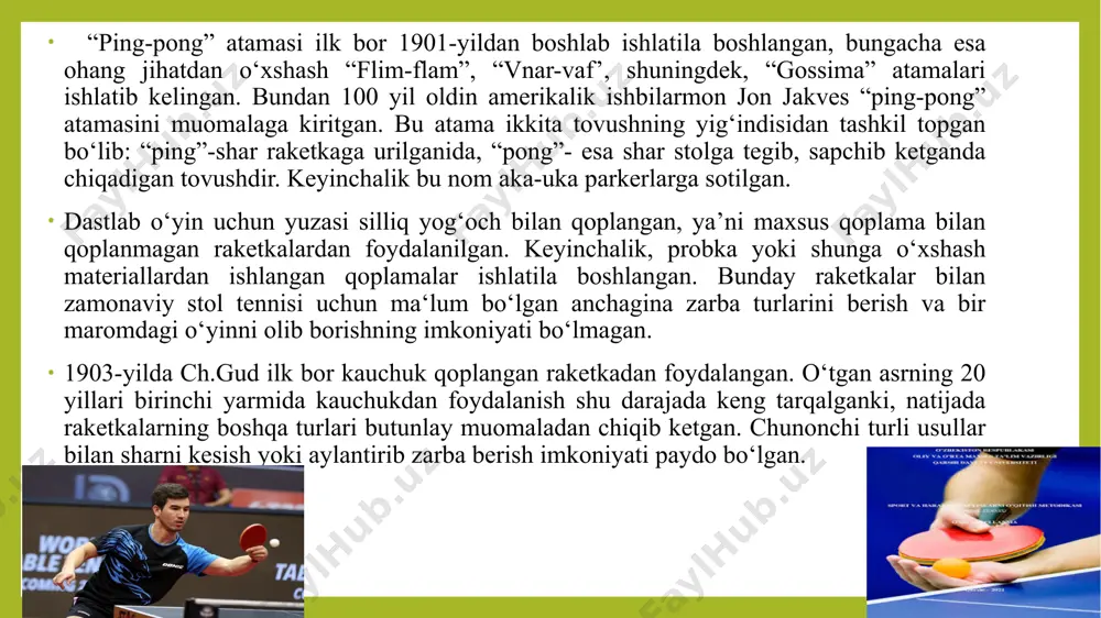 tlarda tez tempda o‘ynaydiganlarni tayyorlash samarali ravishda yo‘lga qo‘yilgan. o‘yin jihozlari (raketka, shar) hozirgi kunda ham o‘zgarishda davom etmoqda va bu hol zarbalar texnikasi hamda о‘yin sur’atining rivojlanishiga ta’sir ko‘rsatib kelmoqda. ittf 1926-yilning yanvar oyida berlinda 9ta davlat ishtirokida tuzilgan va birinchi bosh direktor etib, oyvor mantegu tayinlangan. o‘sha yili londonda bo‘lib o‘tgan birinchi kongressda ittfning nizomi tasdiqlangan va shtab-kvartira qilib lozanna (shveysariya) shahri belgilangan. aynan shu vaqtdan boshlab stol tennisi bo‘yicha har yili jahon chempionati o‘tkazish yo‘lga qo‘yilgan (1940-1946 yillar bundan mustasno). faqat 1957-yildan keyingina jahon chempionati har ikki yilda bir marotaba o‘tkaziladigan bo‘ldi. jahon chempionatlari oralig‘ida qit‘alar chempionatlari o‘tkaziladi. xalqaro olimpiya qo‘mitasining 1981-yilda o‘tkazilgan 84-sessiyasida stol tennisi olimpiya o‘yinlariga loyiq deb qabul qilingan va 1988-yildagi (seul, j.koreya) yozgi olimpiya o‘yinlari dasturiga kiritilgan. shuningdek, mazkur sport turi 1960-yildayoq (rim, italiya) paralimpiya o‘yinlari dasturiga kiritilgan. eng muhim xalqaro musobaqalar: jahon chempionati, jahon kubogi, olimpiya o‘yinlari va jahon turniri. eng muhim …