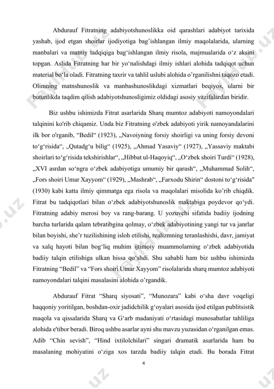 uruhi tomonidan yaratilgan “milliy uyg‘onish davri o‘zbek adabiyoti” darsligida[footnoteref:3] fitratning ilmiy biografiyasi, ijodiy-ilmiy merosi, asarlarining jadid adabiyotida tutgan o‘rni kabi muhim masalalar tadqiq qilingan. fitrat biografiyasi va ijodiy faoliyatiga oid juda ko‘p yangi ma'lumotlar aniqlanib, tahlil etilgan. [2: қосимов б. маслакдошлар. - т.: “шарқ”, 1994; ўша муаллиф. миллий уйғониш: жасорат, маърифат, фидойилик. – т.: “маънавият”, 2002.] [3: қосимов б., юсупов ш., долимов у. ва б. миллий уйғониш даври ўзбек адабиёти. . – т.: “маънавият”, 2004.] hamidulla boltaboevning “fitrat va jadidchilik” monografiyasida[footnoteref:4] buyuk adibning jadidchilik harakatidagi faol ishtiroki, madaniy-ma'rifiy va matbuot sohasida olib borgan ishlari o‘rganilgan. uzoq jo‘raqulovning “fitratning tadqiqotchilik mahorati”, “hududsiz jilva”, “nazariy poetika masalalari”[footnoteref:5] singari kitoblarida fitratning adabiy-tanqidiy maqolalari tahlilga tortilgan, uning ushbu yo‘nalishdagi ishlari sohaning keyingi rivoji uchun ham asos vazifasini bajargani isbot etilgan. professorlar naim karimov[footnoteref:6] , ilhom g‘aniev[footnoteref:7] ilmiy asarlarida ham fitratning o’zbek jadid adabiyoti rivojida tutgan o‘rni, dramalari poetikasi va adabiy merosining boshqa qirralarini o‘rganishga …