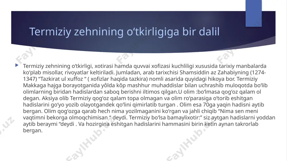 tlari ajoyib fazilat va odatlariga oid 408 hadis ash shamoil an-nabaviya moturidiy as-samarqandiy abu mansur al-moturidiy; abu mansur muhammad ibn muhammad ibn mahmud al-hanafiy al-moturidiy as-samarqandiy— imom, fiqh olimi kalom ilmining moturidiylik oqimi asoschisi. „imom al-hudo“, „imom al-mutakallimin“ („hidoyat yoʻli imomi“, „mutakallimlar imomi“) nomlari bilan ulugʻlangan. moturid qishlogʻida (hozirgi jomboy tumanida) tavallud topib, to umrining oxirigacha shu yerda yashagan . alisher navoiy “ sulton ul-muiziddin “ ya’ni dinning izzatli sultoni deb atagan allomaning o’z ismi ham , otasining ismi ham muhammad bo’lgan . abu mansur – bu ism oldiga qo’yiladigan kunyadir . abu – arabcha ota , mansur – g’olib demakdir . moturid – buyuk ulamoning tug’ilgan joyi bo’lib o’sha joyni o’ziga nisba qilib olgan . moturidiy samarqanddagi al-ayoziy madrasasida oʻqidi, mahalliy hanafiy faqihlardan taʼlim oldi, abu bakr ahmad al-juzjoniy, abu nasr ahmad ibn al-husayn al-iyodiy, nusayr ibn yahyo al-balxiy, muhammad ibn muqotil ar-roziy unga ustozlik qilishdi. keyin oʻzi fiqh …