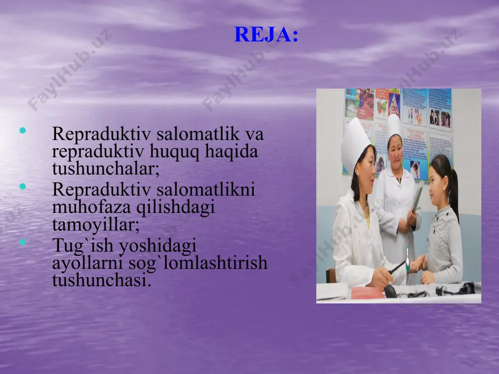 borishga intilishni shakllantirish bo’yicha tushuntirish ishlarini kuchaytirish. aholining reproduktiv salomatligini mustahkamlash tizimini takomillashtirish, sog’lom bola tug’ilishi uchun zarur shart-sharoitlarni yaratish; tug’ruqqa yordam ko’rsatish, onalik va bolalikni muhofaza qilish muassasalalari hamda onalar va bolalarga tibbiy yordam ko’rsatuvchi sog’liqni saqlash birlamchi bo’g’ini muassasalarining moddiy-texnika bazasini yanada mustahkamlash; prezidentimizning 2009 yil 13 fevraldagi “ona va bola salomatligini muhofaza qilish va sog`lom avlodni shakllantirishga doir qo`shimcha chora tadbirlar to`g`risida”gi qarori; 2009 yil 1 iyuldagi “2009 – 2013 yilllarda aholining reproduktiv salomatligini mustahkamlash, sog`lom bola tug`ilishi, jismoniy va ma`naviy barkamol avlodni voyaga yetkazish borasidagi ishlarni yanada kuchaytirish va samaradorligini oshirish chora-tadbirlari dasturi to`g`risida”gi qarori. sog`lom avlodni shakllantirishga oid davlat tadbirlari. image2.jpeg image3.jpeg image4.jpeg image5.jpeg image6.jpeg image7.jpeg image8.jpeg image9.jpeg image10.jpeg image1.jpeg /docprops/thumbnail.jpeg