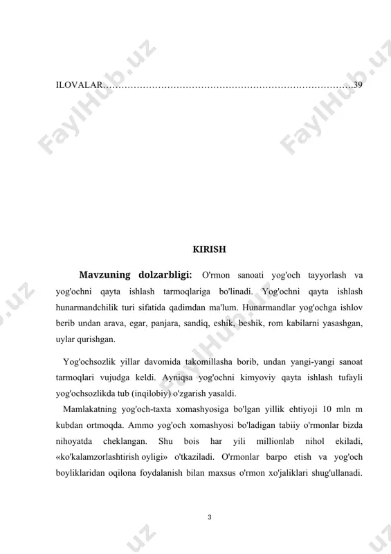 g’ochsozlikning mohiyatini ochib berish, yog`ochsozlikning o’ziga xos xususiyatlarini ko`rsatib berish, yog`ochsozlik taraqqiyotining o’ziga xos jihatlarini va uning vatanimiz madaniy taraqqiyotiga ta’sirini o’rganishga ko’maklashadi. kurs ishining ob'ekti: mahalliy daraxt turlardan tayyorlangan yog'och xomashyolari. kurs ishining predmeti: mahalliy daraxt turlardan tayyorlangan yog'och xomashyolarni olish, saqlash, ishlab chiqarishni o’rganish metodikasi va uni o'ranish usullari,metodlari va vazifalari. kurs ishining tuzilishi: kurs ishi kirish,2ta bob(4 ta paragraf),xulosa va foydalanilgan adabiyotlar ro'yxatidan iborat. i bob yog‘och qurilmalarining turlari va ishlatilish soxalari 1.yog‘och qurilmalarining turlari va ishlatilish soxalari. yog‘och – qurilishbop tabiiy material bo‘lgani sababli, qadimdan insonlar uni turli bino va inshootlar, turar joylar (masjid, maqbara, tug‘on, kuprik va x.k.) qurilishida ishlatib kelishgan. yog‘ochning qurilishda keng qo‘llanishiga sabab, birinchidan, tabiatda uning zaxirasi ko‘pligi bo‘lsa, ikkinchidan, ijobiy xususiyatlaridir (ishlovi berishg osonligi engilligi, olovbardoshligi, kimyoviy agressiv muxitga chidamliligi va boshkalar). shu bilan birga, yog‘ochni binokorlikda ishlatilish jarayonida uning salbiy xususiyatlarini xam (anizatropligi, yonishi, chirishi, mikroorganizmlar ta’sirida buzilishi va boshqalar) …