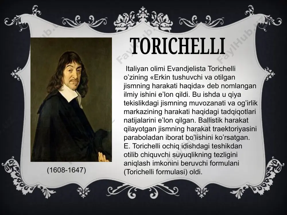 ningkombinatsiyasidan moddalar (1602-1686) 1641-yilda nemis fizigi otto fon geriks havo nasosini ixtiro qildiю 1654-yilda “magdeburg yarim sharlari” yordamida havoning bosimi mavjudligini, uning elastik ekanligini isbotladi, havoning zichligini aniqlab havo tovushni o’tkazuvchi vosita ekanligini, bo’shliqda tovush tarqalmasligini bayon etdi. u 1660-yillar atrofida birinchilar qatorida elektrostatik mashina yasadi.bu mashina temir o’q atrofida aylanuvchi shar bo’lib kaftlar orasida aylanganida elektrlanib qolar edi. u birinchi suv barometirini (1657 y) va manometrni (1662 y) yaratgan. ottofon geriks klassik mexanika rivojlanishi isaak nyuton klassik mexanika asoschisi u kembrij universitetining matematika fakultetiga o’qishga kirgan va uni 1665-yil bitirgan. ingliz fizigi va matematigi nyuton 1661 -yil angliyaning linkolnshir shahrida fermer oilasida tug’gan. 1668 yilda nyutonga magistr unvoni berildi va shundan so’ng u kembridj universitetida fizika-matematika kafedrasiga boshchilik qila boshladi 1672 yilda u london qirollik jamiyatining a’zosi qilib saylandi, 1703 yilgacha esa uning prezidenti bo’ldi nyuton matematik hisoblarni qo’llab ko’p asrlik muammo bo’lgan koinotdagi samoviy jismlar harakati muammolarini hal …