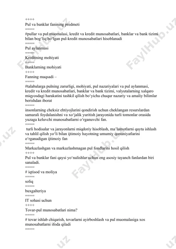 mahsulotlari turib qolmasligi va saqlashning imkoniyati bo‘lmaganligi bois qanday yo’l tutishgan? ==== #o‘zlariga yaqin yoki tanish odamlarga bergan ==== saqlashda davom etishgan ==== berkitib qo’yishgan ==== bankka topshirib qo’yishgan ++++ pulning tovar xo‘jaligi sharoitida amal qilishining samaradorligini oshiruvchi omillar: ==== #4 ==== 5 ==== 3 ==== 6 ++++ “kredit” so‘zining ma’nosi nima? ==== #ssuda, qarz ==== pul beraman ==== ishonaman ==== qarzga pul beraman ++++ “qimmatli qog‘ozlar (aktsiyalar va obligatsiyalar) bozori pul oqimlaridan oqilona daromad olish maqsadida ularni tezkorlik bilan foydalanuvchilarga etkazib berishni ta’minlab turadilar” degan fikr kimga tegishli? ==== #frederik s. mishkin ==== marshall ==== a.smit ==== a.rodrigo ++++ qadimda pulling paydo bo'lishi insonlar orasidagi munosabatlaridagi muammolarni barham topishiga yordam bergan. ==== #ayirboshlash ==== mulkchilik ==== sotib olish ==== chorvachilik ++++ pulning qiymat shakli asosan nechta ko'rinishdan iborat . ==== #5 ==== 4 ==== 3 ==== 2 ++++ tarixiy manbalarga ko'ra dastlabki metal tangalar qachon zarb etilgan. ==== #eramizdan …