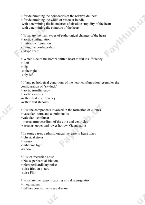 lved in the formation of 2 tones + vascular- aorta and a. pulmonalis +valvular- semilunar - muscularmyocardium of the atria and ventricles -vascular- upper and lower hollow vienna aorta # in some cases, a physiological increase in heart tones + physical stress + tension -emfizeme light -swoon # list extracardiac noise + noise pericardial friction + pleroperikardialny noise -noise friction pleura -noise flint # what are the reasons causing mitral regurgitation + rheumatism + diffuse connective tissue disease -injury -brucellosis # what complaints impose patients with cirrhosis of the liver? + increase in the volume of the stomach + nosebleeds -diarrhea -hemoptysis # what complaints are typical for diseases of the stomach? + pain in the epigastric region + belching, change in appetite, and nausea -feelings burning sensation and pain in the tongue -abdominal distention # what state is necessary to exclude the presence of occult blood in the stool? …
