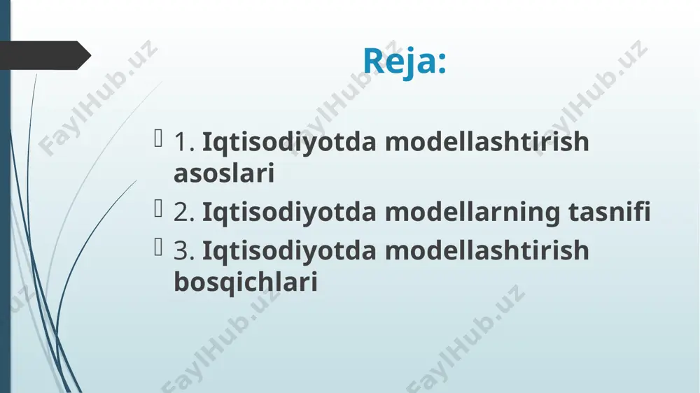 arni tahlil qilish yoki boshqarish maqsadida ularning matematik tasvirlanishi, ya’ni iqtisodiy masalaning matematik yozuvi. iqtisodiy ob’ektning matematik modeli — bu uning funksiyalar, tenglamalar, tengsizliklar, mantiqiy munosabatlar, grafiklar majmuasi ko‘rinishidagi aks ettirilishi. bunday aks ettirish o‘rganilayotgan ob’ekt elementlarining munosabatlari to‘plamini model elementlarining shunga o‘xshash munosabatlariga birlashtiradi. iqtisodiy-matematik modelllarni amaliyotda qo‘llash usullari iqtisodiy-matematik usullar deb ataladi. iqtisodiy-matematik usullar (imu) iqtisodiyotni o‘rganish uchun birlashtirilgan iqtisodiy va matematik fanlarning uyushmasidir. bu tushuncha fanga xx asrning 60- yillarida akademik v.s.nemchinov tomonidan kiritilgan bo‘lib imu iqtisodiyot, matematika va kibernetikaning tutashishida hosil bo‘lgan. moddiy modellar asosan o‘rganilayotgan ob’ekt va jarayonni geometrik, fizik, dinamik yoki funksional tavsiflarini ifodalaydi. masalan, ob’ektning kichiklashtirilgan maketi (masalan, litsey, kollej, universitet) va turli xil fizik, ximik va boshqa xildagi maketlar bunga misol bo‘la oladi. bu modellar yordamida turli xil texnologik jarayonlarni optimal boshqarish, ularni joylashtirish va foydalanish yo‘llari o‘rganiladi. umuman olganda, moddiy modellar tajribaviy xarakterga ega bo‘lib, texnika fanlarida keng qo‘llaniladi. ammo moddiy …