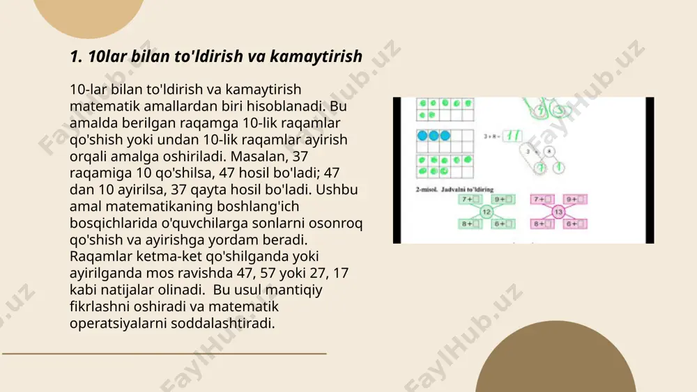 o'llaniladi. masalan, 27 va 35 sonlari solishtirilganda, 2 va 3 raqamlari o'nliklar birligini tashkil etadi. 2 < 3 bo'lganligi uchun 27 < 35. tartiblashda sonlar qiymatiga qarab katta-kichiklik nuqtai nazaridan tizimlanadi. 43, 17, 29, 38 sonlarini kichikdan katta tomoniga tartiblasak: 17, 29, 38, 43 bo'ladi. solishtirish va tartiblash matematikada muhim o'rin tutib, ko'plab amaliy mashg'ulotlarda qo'llaniladi. ... t.me/slaydai_bot 100liklar orqali bo'linuvchi sonlar 100, 200, 300 va hokazo kabi raqamlar bo'lib, barcha bu sonlar 100 ga bo'linadi. har qanday son 100 ga bo'linganida butun sondan chiqqan natijalar shular: 1, 2, 3 va hokazo. 100ga bilan eng kichik musbat bo'luvchi son 1, eng katta esa sonning o'zi. 100ning bo’luvchilari: 1, 2, 4, 5, 10, 20, 25, 50 va 100. har bir bo'luvchi son 100ga bo'linsa, natijada butun son hosil bo'ladi. bo'luvchi va bo'linuvchi sonlar matematikada muhim tushuncha bo'lib, ulardan ko'pincha hisob-kitoblarda foydalaniladi. kansentlar (10 100 1000)lar ustida masalalar ishlash xaytqulova gulzira e'tiboringiz …