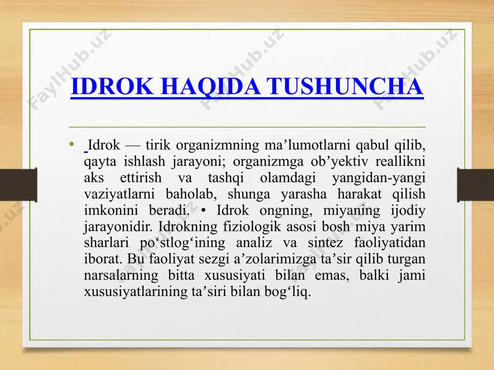 ormozlanish jarayonlarinig susayishi oqibatidir xissiy tuyish – xissiy tuyish – stroboskopik tuyish xarakatni idrok kilishga xam taaluklidir. stroboskopik xarakat tuyulma xarakatga misol buladi. kinemotograf ana shunday tuyushga asoslanadi. kurish sezgisi kuzgatgich tasir kila boshlashi bilan darxol xosil bulmaydi va kuzgatgich ta’siri tuxtagandan keyin birmuncha vakt utgach yukoladi. kinoda sekundiga 24 kadr olmoshgani xolda biz lip-lip utib turgan manzaralar turkumini emas, balki ma’lum darajada barkaror bulgan ta’sirni – tasvirni kuramiz. ketma–ket yonadigan lampochkalar xarakatdagi nurni tasavvur kilishga olib keladi. bu xodisa «f-fenomen» ya’ni gayritabiiy, fakat xarakatni idrok kilishda kurinadigan xodisa deb nomlangan. ta’lim jarayonida ta’lim jarayonida kuzatishlarni aktivlashtirish uchun ukuvchining kuzatilgan va idrok kilingan narsalarni keyin gapirib berishi lozimligi tugrisida ogoxlantirishning axamiyati kattadir. agar ukuvchi nimani kuzatganligi va idrok kilganligi xakida keyinchalik xisob berishi lozimligini oldindan bilsa, u kuzatish va idrok kilish jarayonida ancha faol buladi. darsda ukuvchilar bilimlarini avvalo ukituvchining ogzaki tushuntirishlarini idrok kilish orkali uzlashtiradilar. suzlar yordamida tushuntirilgan materialning …