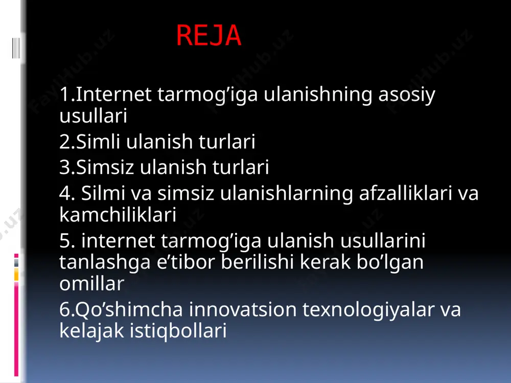 eyarli ishlatilmaydi. simsiz ulanish turlari wi-fi tarmog‘i wi-fi tarmoqlari simsiz ulanishni ta'minlaydi va odatda uy, ofis yoki umumiy joylarda keng qo‘llaniladi. ulanishning tezligi va barqarorligi wi-fi signalining kuchiga bog‘liq. mobil internet (4g, 5g) mobil internet texnologiyalari (4g, 5g) simsiz ulanishni ta'minlaydi va mobil qurilmalarda keng qo‘llaniladi. 5g tarmog‘i katta tezlik va past kechikish bilan ajralib turadi, bu esa real vaqtda video uzatish va bulutli xizmatlar uchun juda mos keladi. simsiz ulanish turlari hotspotlar va mobil routerlar hotspotlar smartfonlar yoki maxsus routerlar yordamida wi-fi signalini tarqatadi. mobil routerlar esa sim-karta yordamida internetga ulanish imkonini beradi va harakatda ham internetdan foydalanish uchun qulay. sun'iy yo‘ldosh orqali ulanish sun'iy yo‘ldosh interneti hududiy cheklovlarga ega bo‘lgan joylarda (masalan, qishloq hududlari yoki chekka joylar) internet ulanishini ta'minlaydi. bu texnologiya nisbatan sekin va qimmat bo‘lishi mumkin, ammo qamrov hududi juda keng. simli va simsiz ulanishlarning afzalliklari va kamchiliklari xususiyat simli ulanish simsiz ulanish tezlik yuqori (ethernet, …